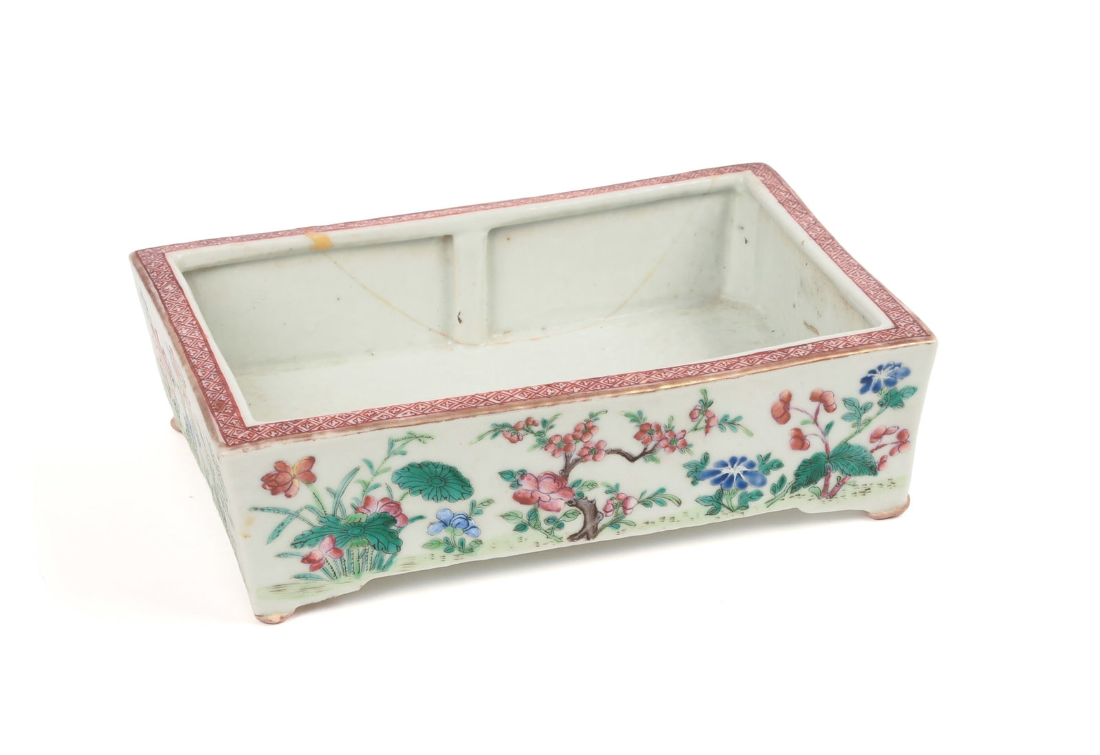 Chinese Famille Rose Jardiniere: 19th century, 8.5 x 2.5 x 5.5 inches, repair.
