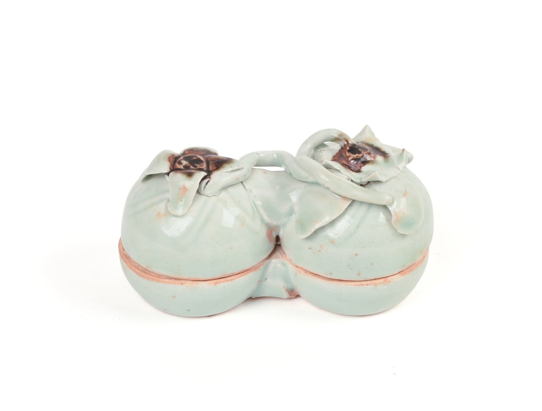 Chinese Glazed Ceramic Double Persimmon Box: 3.5 x 2 x 1.5 inches.