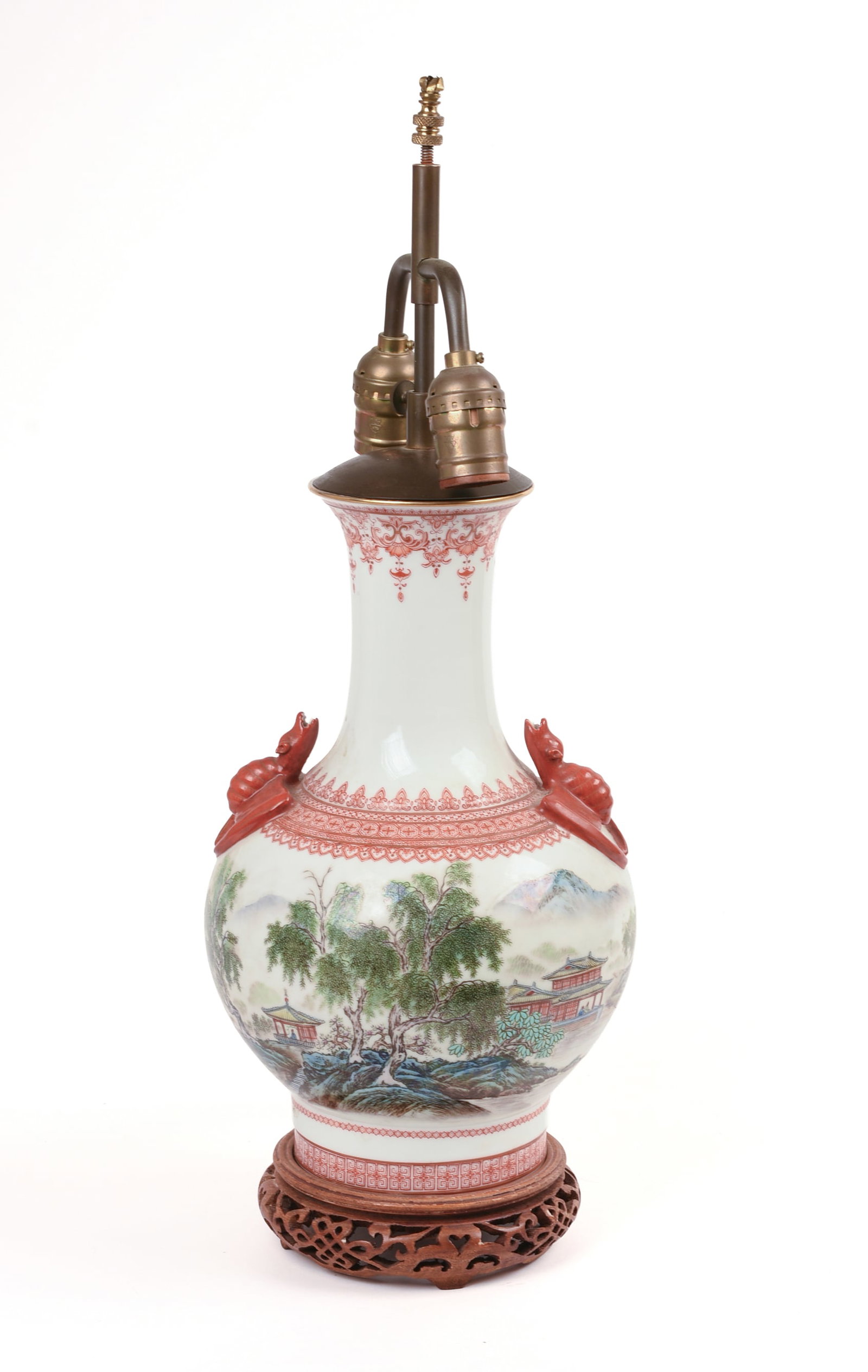 Old Chinese Famille Rose Vase: Height 13 inches, inscribed, red bat handles, mounted as a lamp.