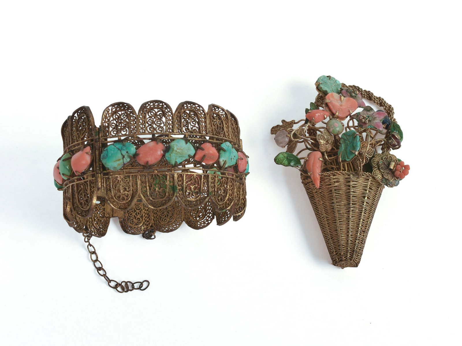 Two Pieces of Chinese Gilt Metal and Hardstone Jewelry: Bracelet, diameter 2.25 inches, circumferance 7 inches, and a brooch, 2.5 x 1.5 inches.