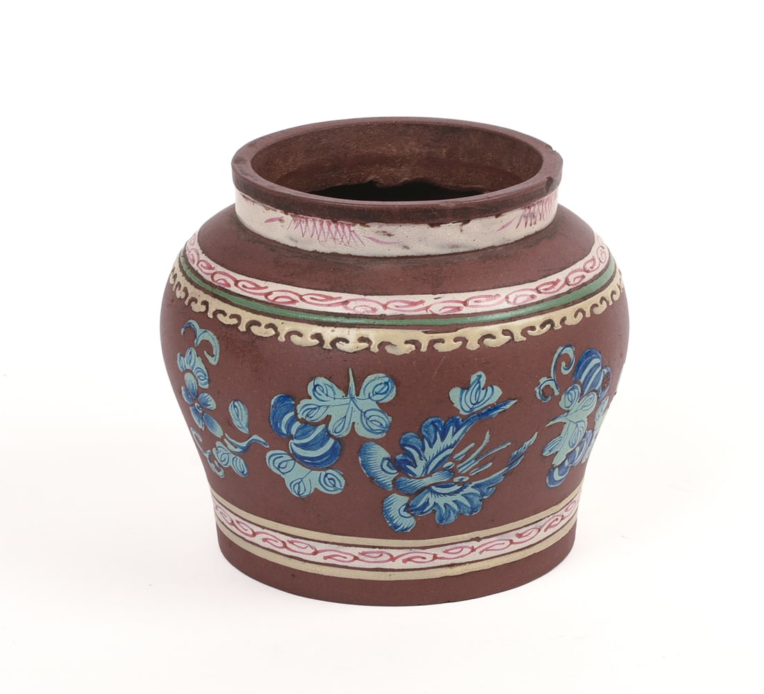 Unusual Chinese Enamel Decorated Yixing Pottery Jar (1 of 4)