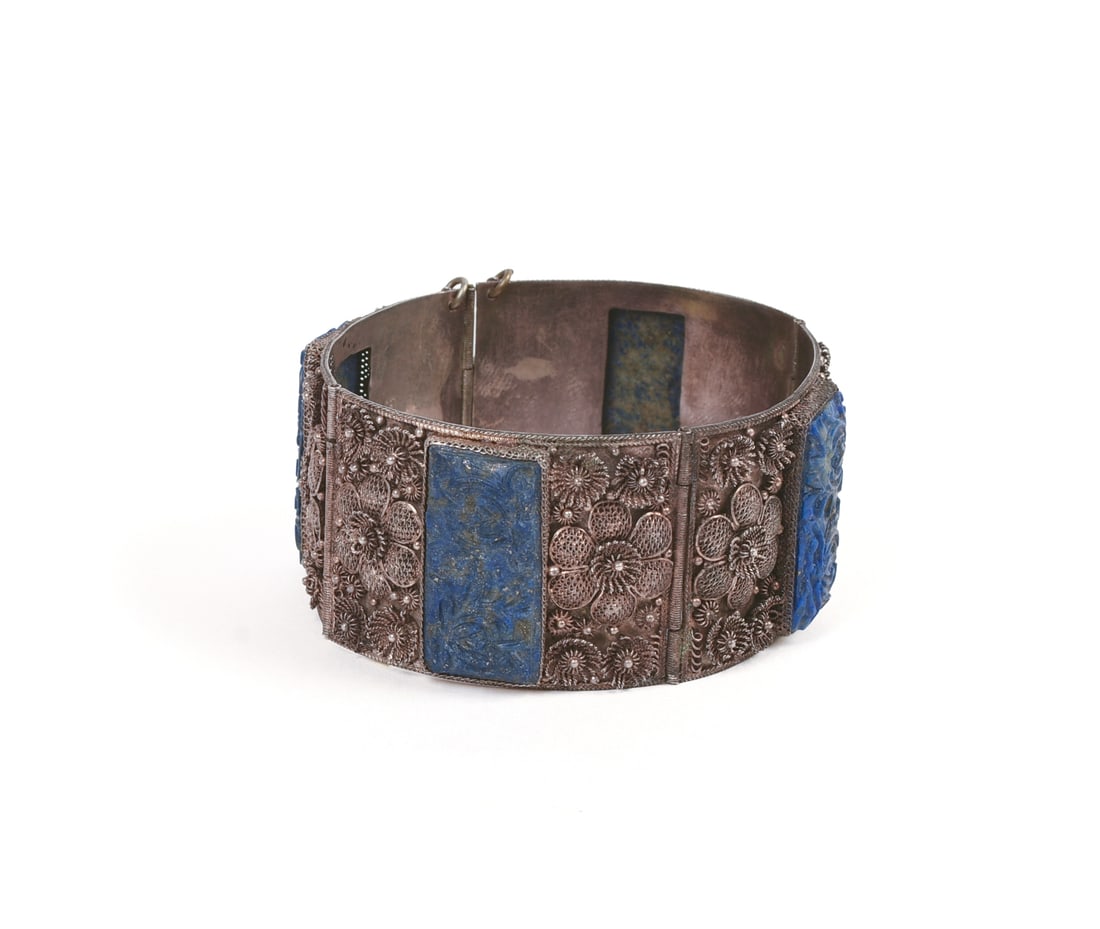 Chinese Carved Lapis or Sodalite and Silver Filigree Bracelet (1 of 4)