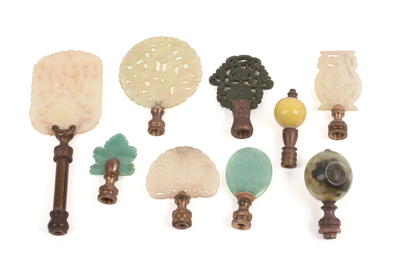 Nine Chinese Carved Jade, Stone and Glass Lamp Finials: Largest 3 x 2.5 inches.
