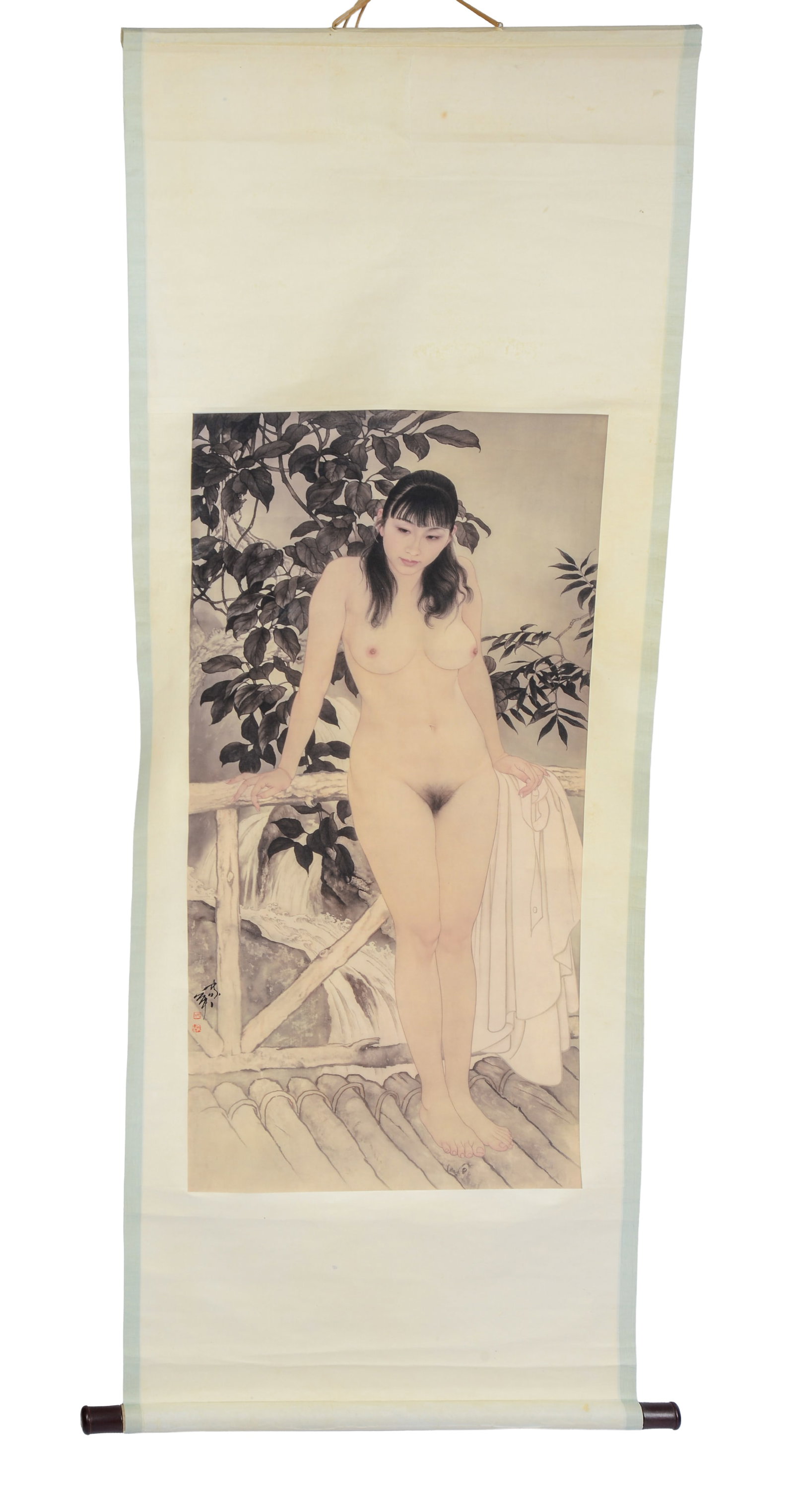 Chinese Printed Scroll of a Nude Woman: 59 x 22 inches.