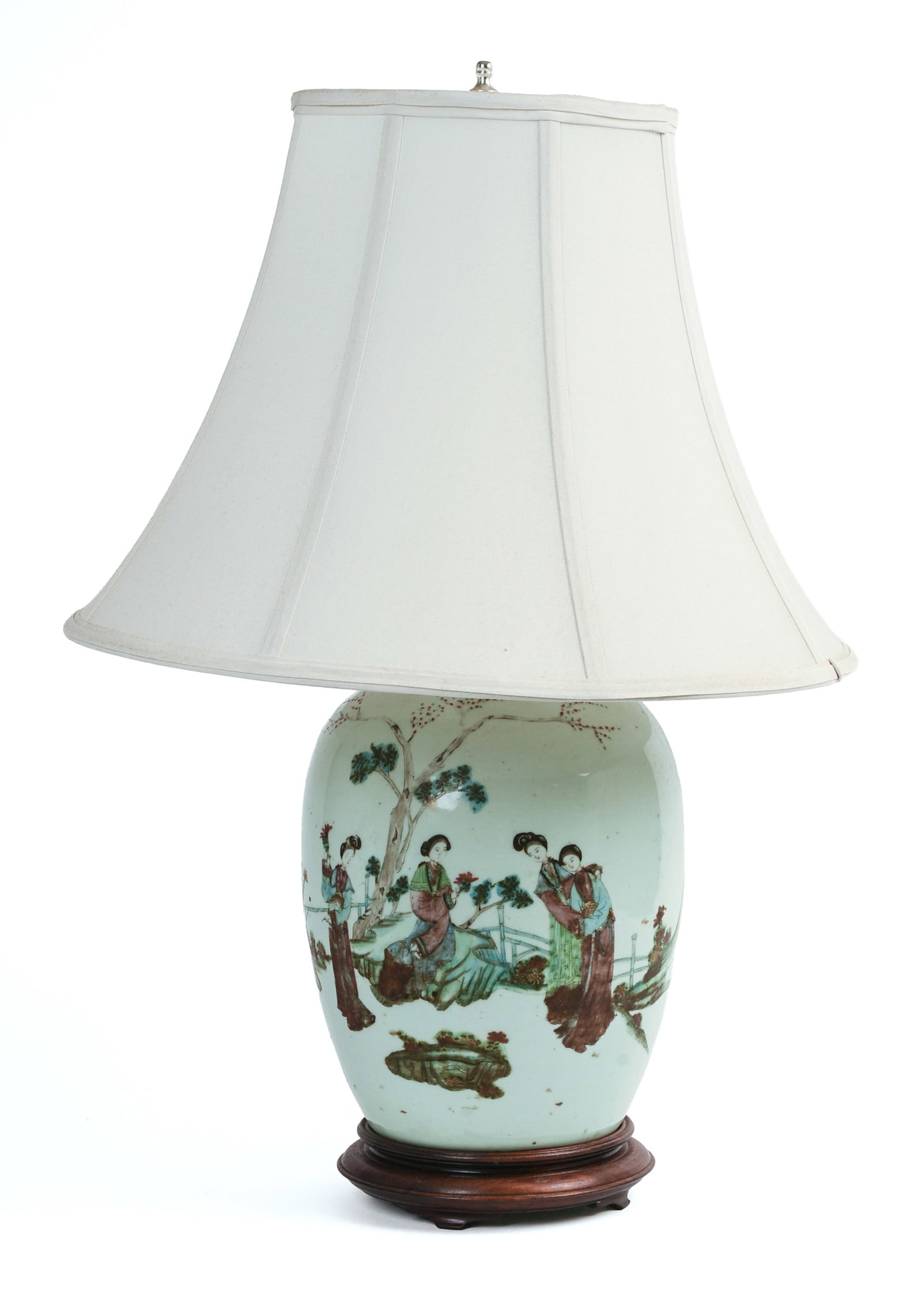 Chinese Porcelain Jar With Figures.: Height 9.4 inches. Now fitted as a lamp.