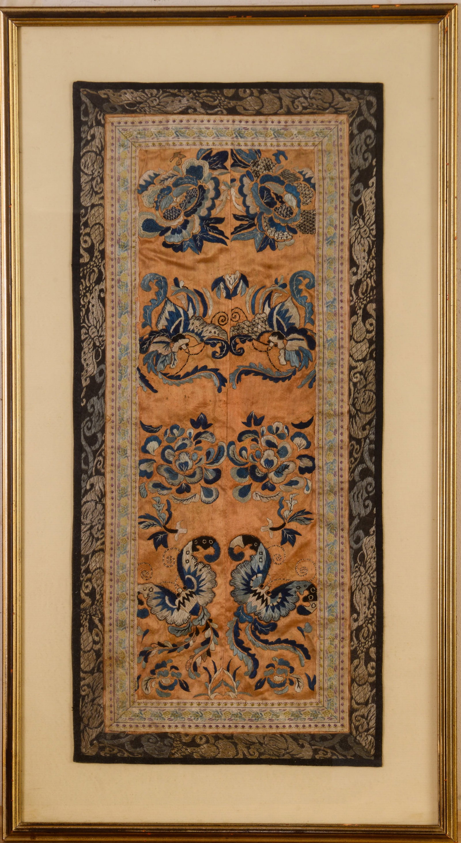 Chinese Silk Embroidery.: 23 x 10.5 inches. Framed, 28 x 15.5 inches.