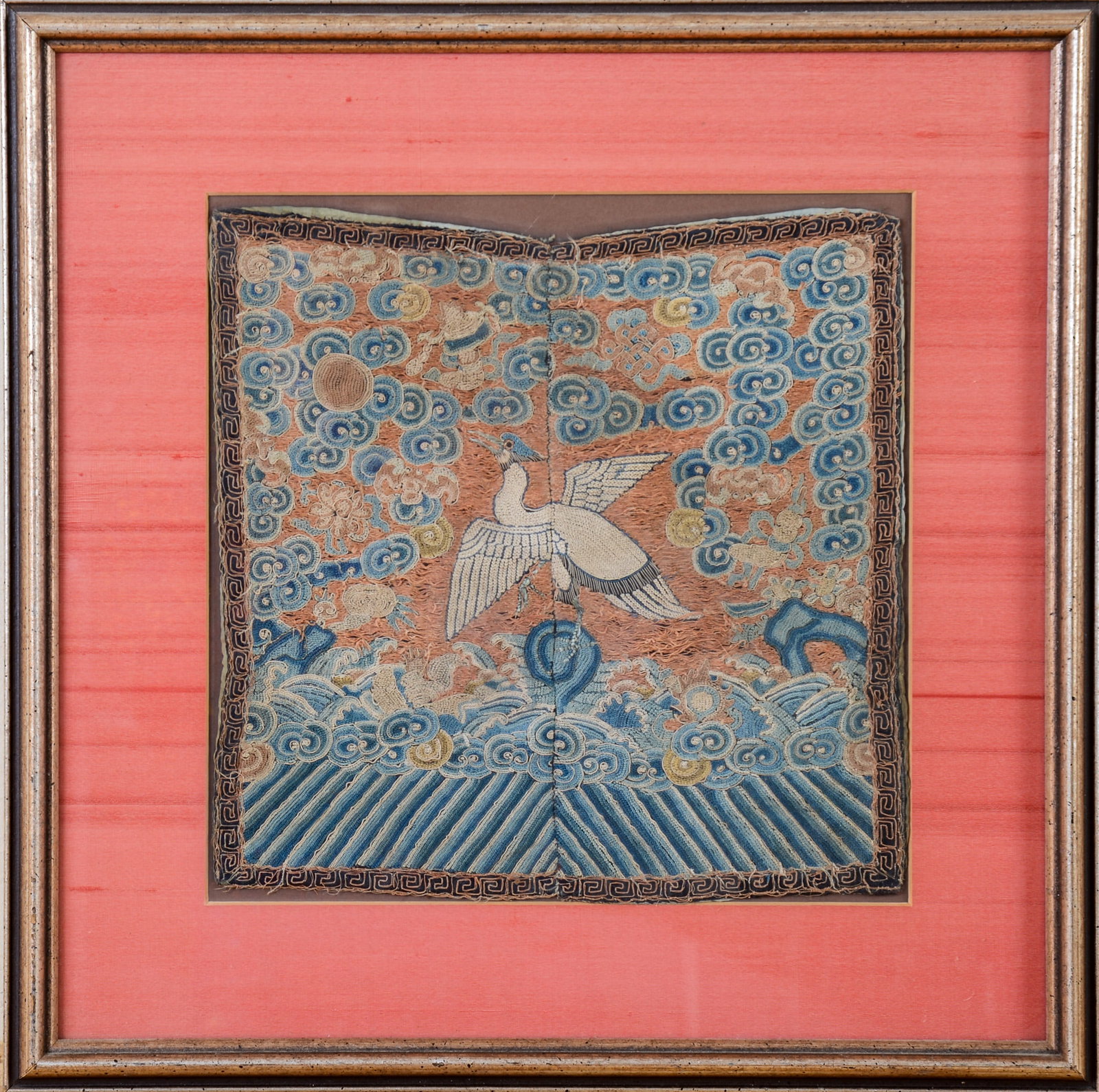 Chinese Embroidered Silk Rank Badge: 11.25 x 11.25 inches. Framed, 18 x 18 inches.