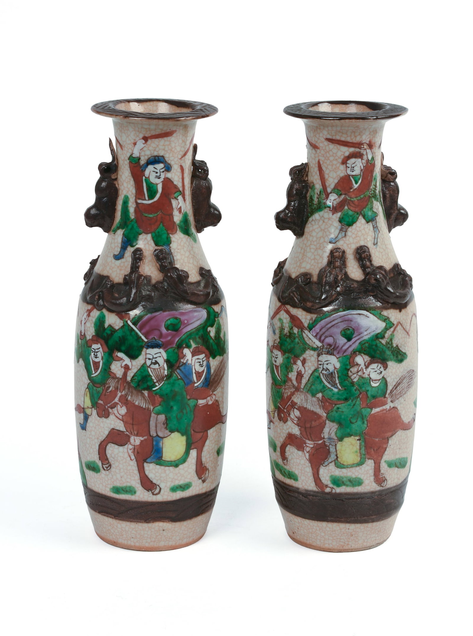 Pair of Chinese Porcelain Vases With Warriors.: Height 11.5 inches, good condition.