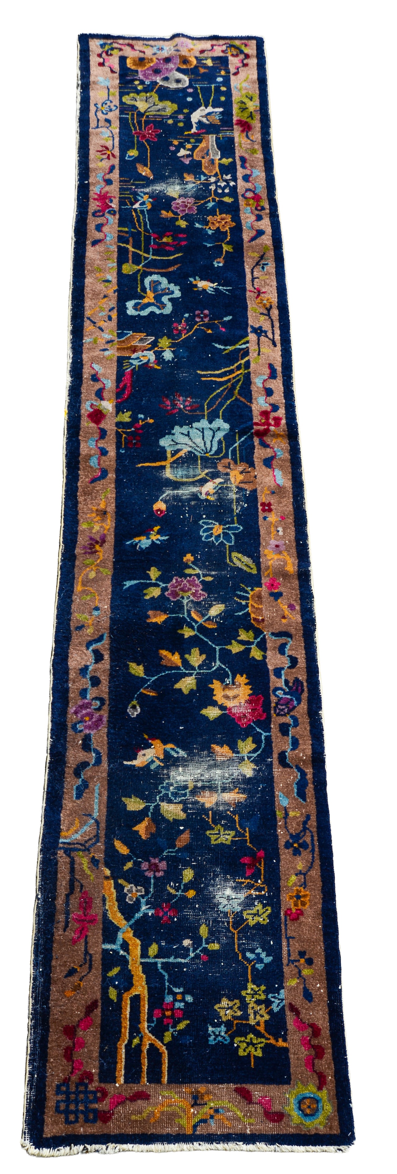 Chinese Handwoven Runner Carpet.: 11 feet 8 inches by 25 inches. Worn.