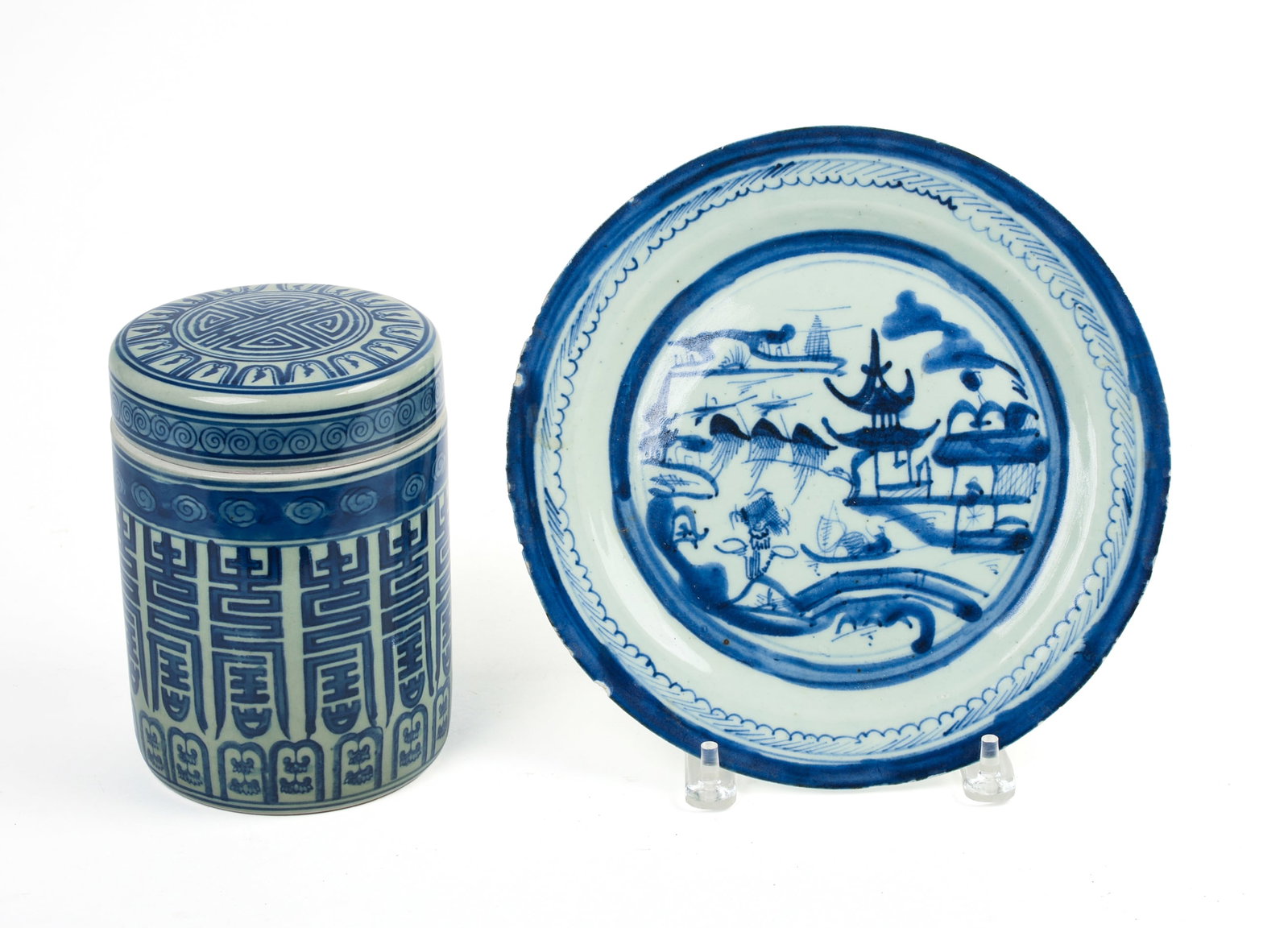 Chinese Canton Plate and a Covered Jar.: Diameter of plate 10.25 inches, height of jar 7 inches. Some chips to plate.