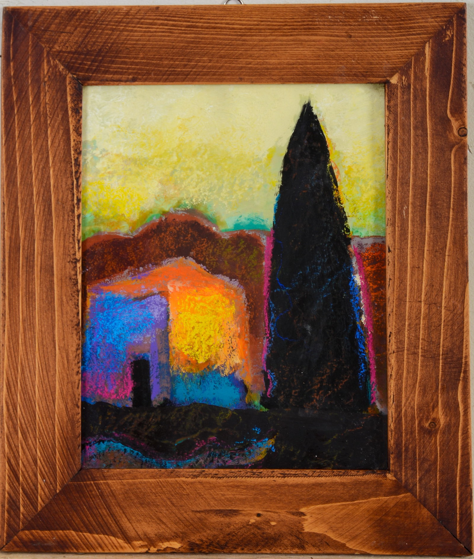 Igor Avramenko Russian Painting.: Russia b. 1964. Black Cypress, framed oil and pastel on paper. Signed and titled on reverse. Sight 9.25 x 7.25 inches. Frame 13.125 x 11.125 inches.