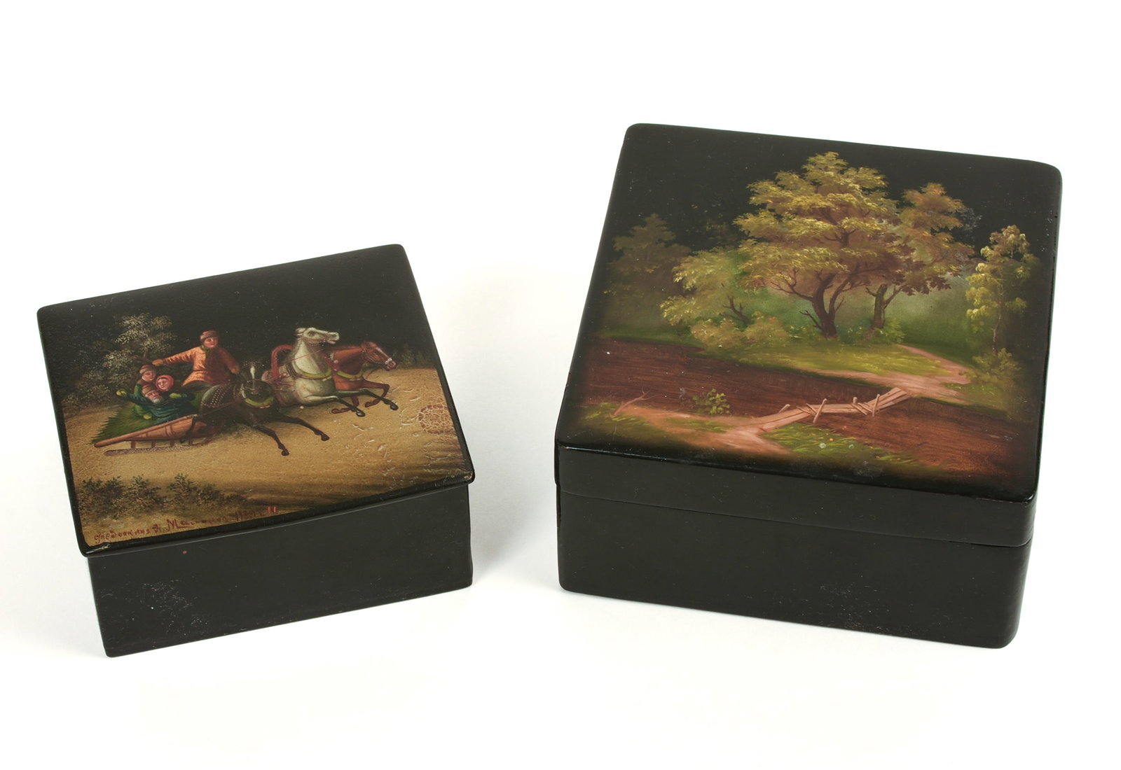Two Russian Lacquer Boxes. Both signed. (1 of 6)