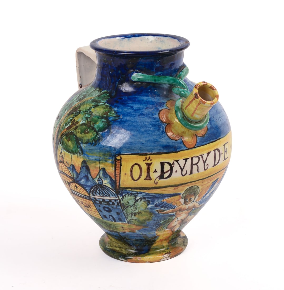 Italian Majolica Apothecary Jar.: Height 9 inches. A few rim chips.