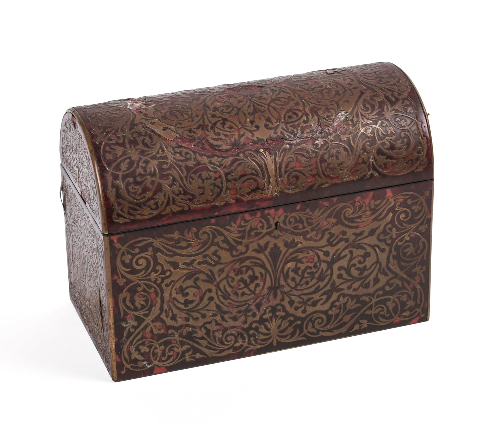 19th Century English Boulle Desk Box.: Signed with label from William Leuchars, London. Height 7 inches, width 9 inches. Loss on cover and back, interior needs to be restored (most pieces are there).
