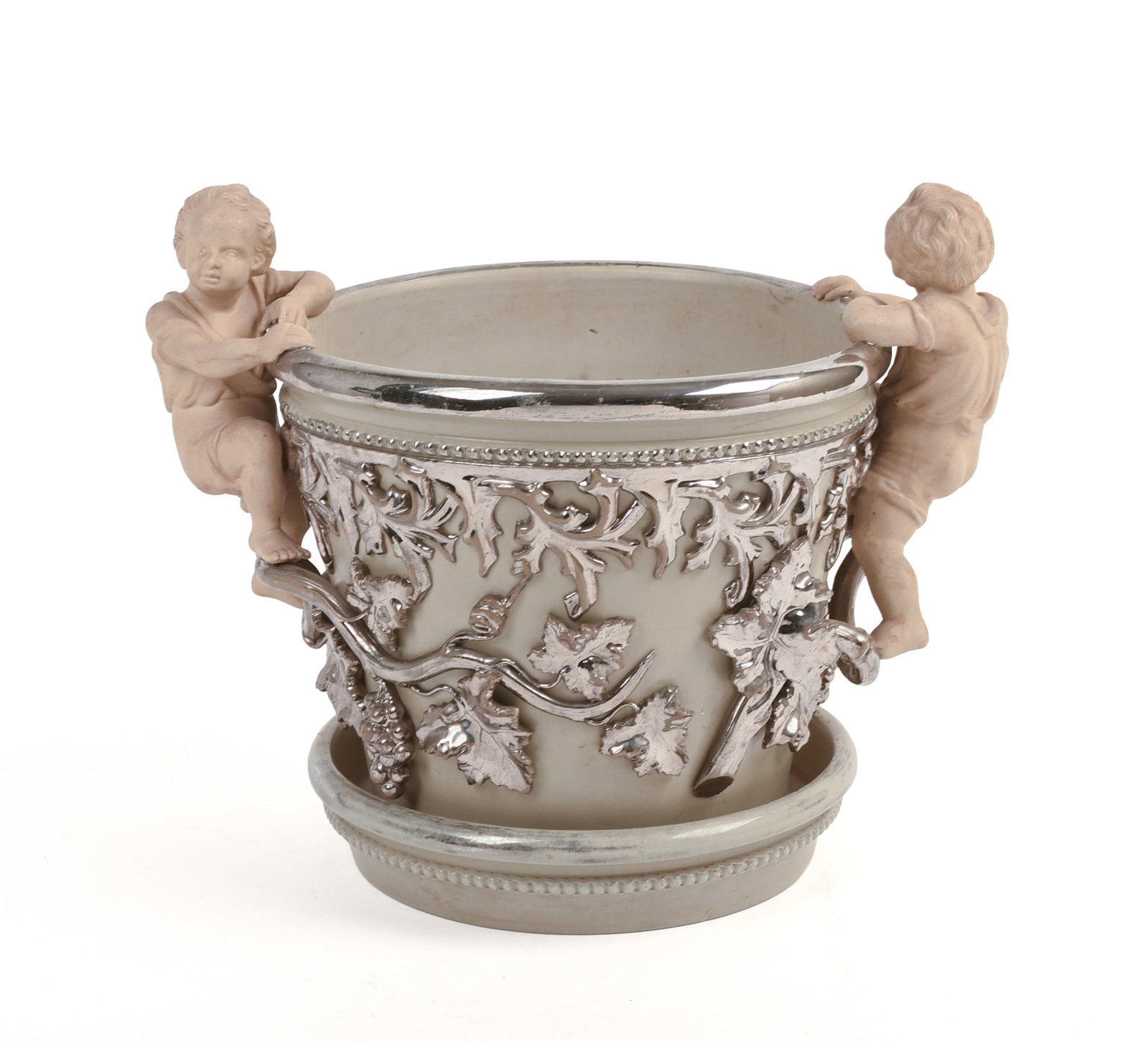 Mettlach Silver Luster Jardiniere and Undertray.: Decorated with two boys climbing on a grape vine. Marked 410 on a plaque on undertray. Total height 8.75 inches, total width 7 inches. Vertical hairline on one side.