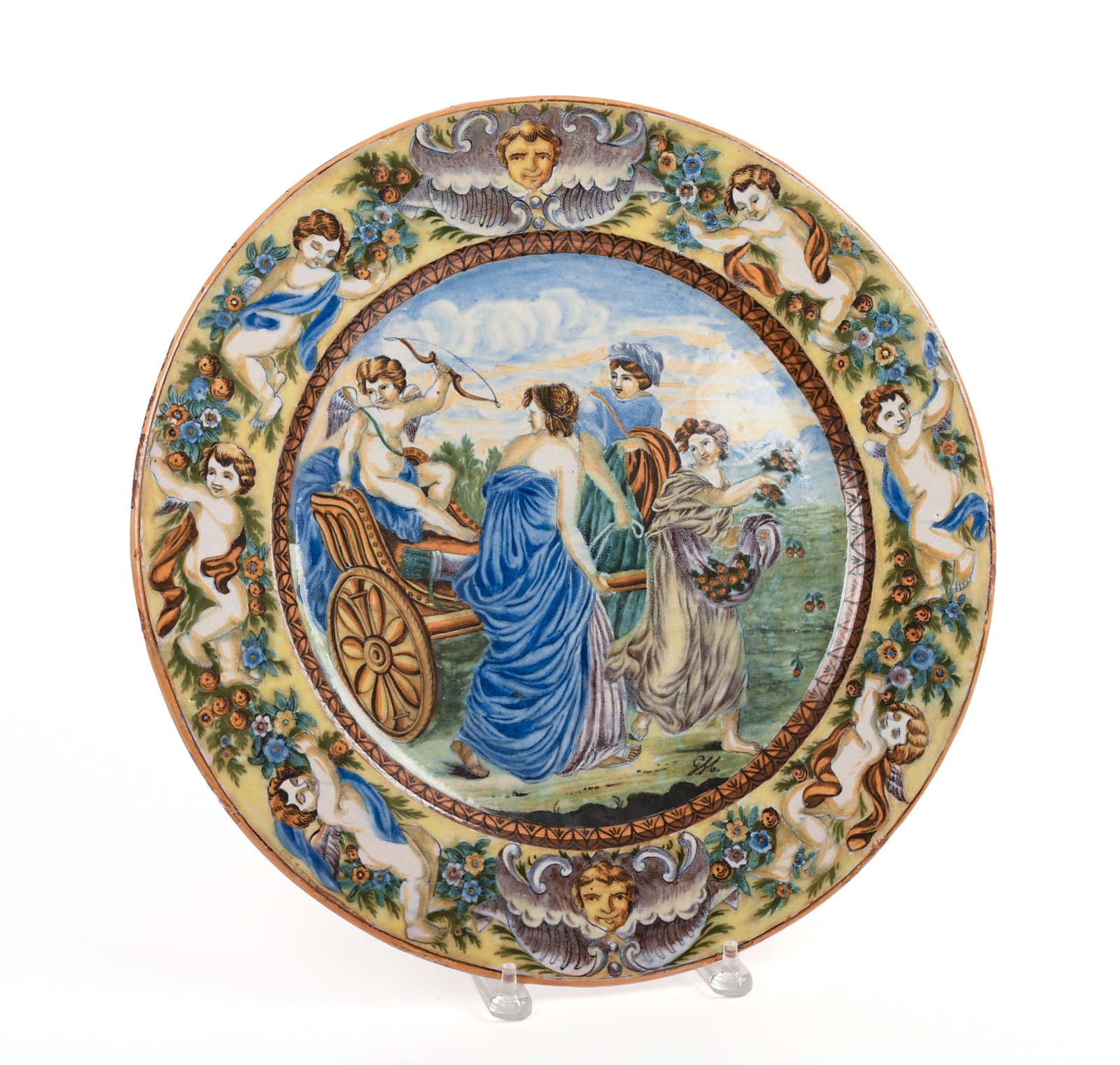 Italian Faience Majolica Charger.: Renaissance Revival decoration, 19th c. Artist signed GM. Width 16.375 inches.
