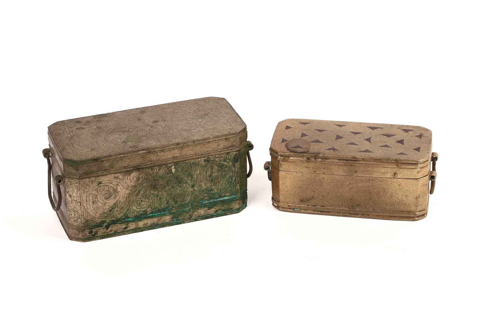 Two Asian Bronze Betel Nut Boxes: Larger 6.5 x 3 x 3 inches.
