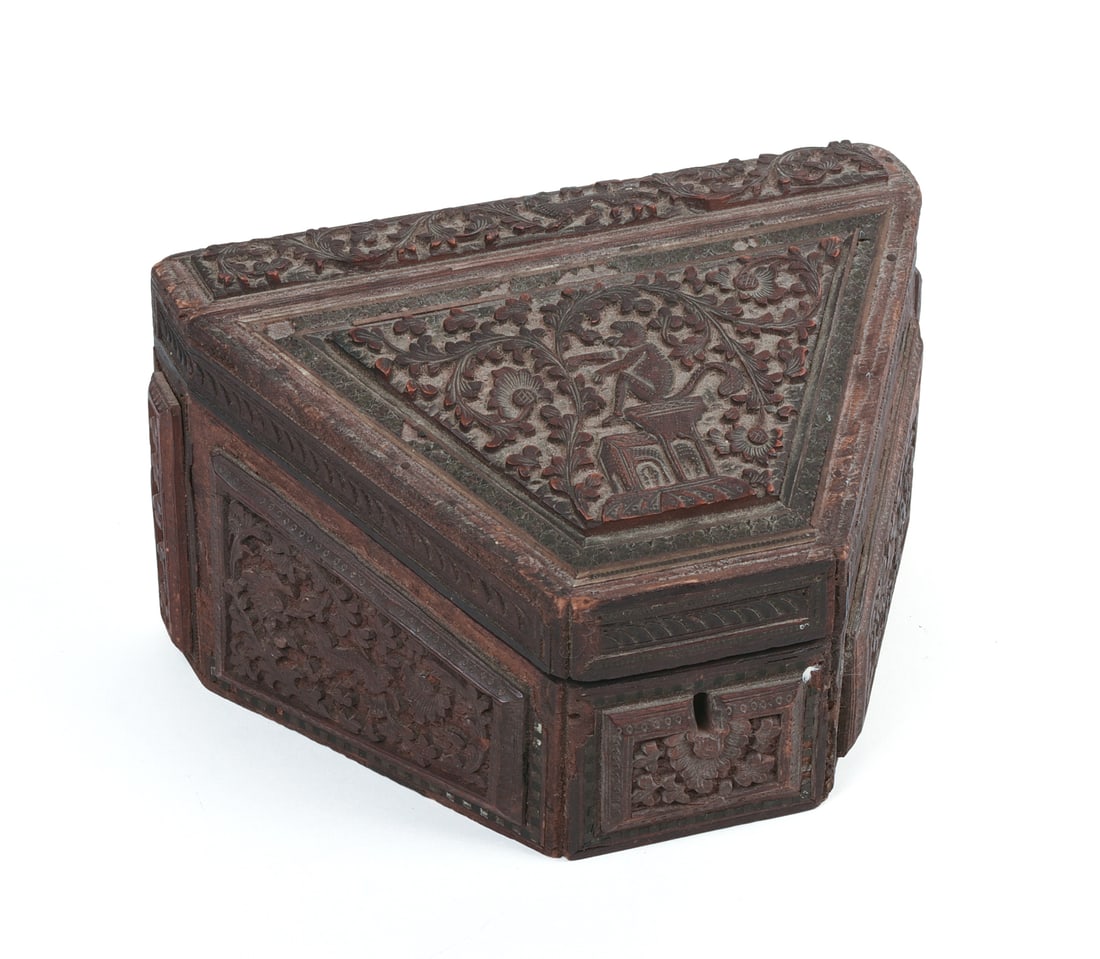 Carved Indian Sandalwood Box: 19th c. 8.5 x 5 x 6 inches. Some losses.