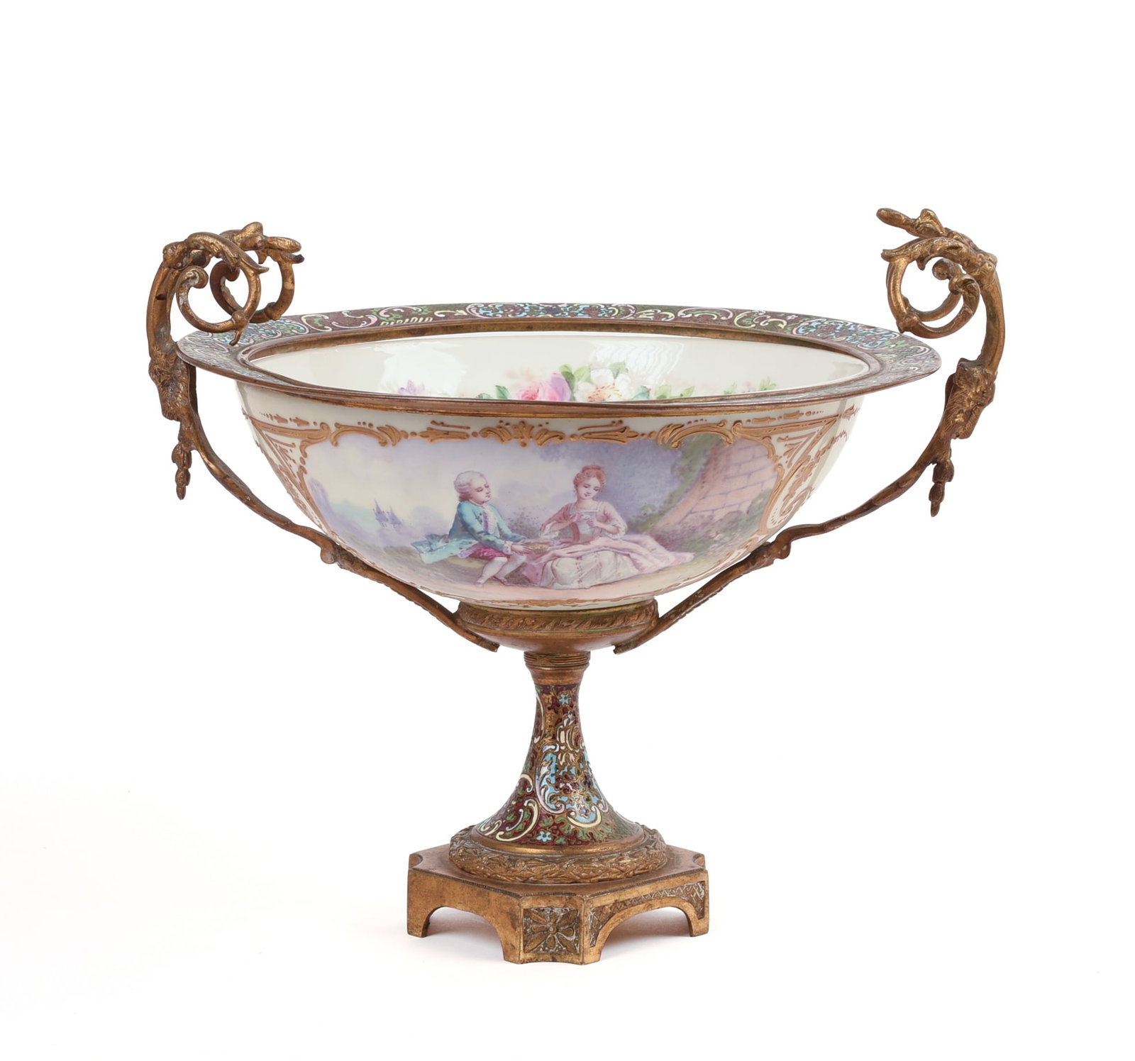 Sevres or Sevres Type Porcelain Footed Bowl: Bronze and champleve mounts. Height 10 inches, diameter 8.5 inches.