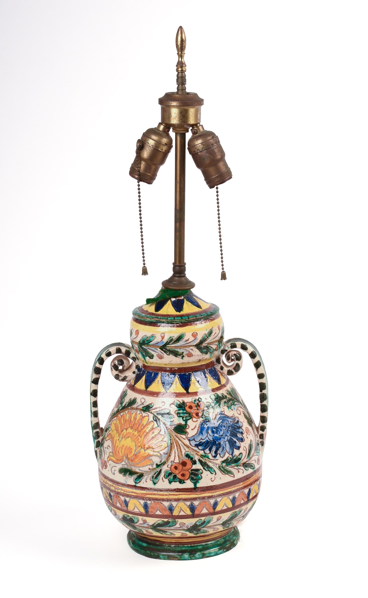 Italian Pottery Lamp: Sgraffito decoration, height of base 13.5 inches. Needs rewiring.