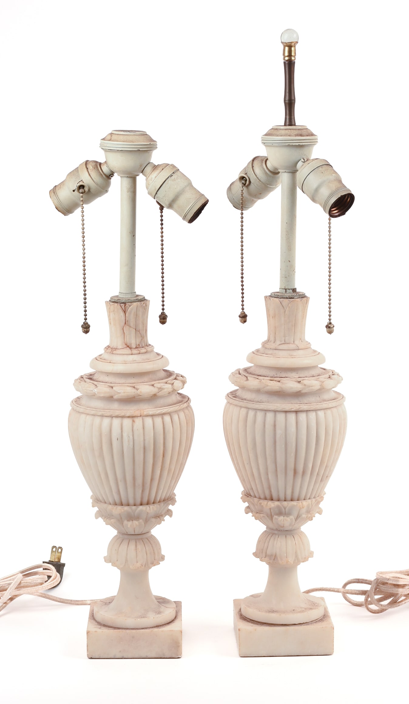 Pair of Fine Carved Italian Alabaster Lamps: Height of base 14.5 inches. May need rewiring.