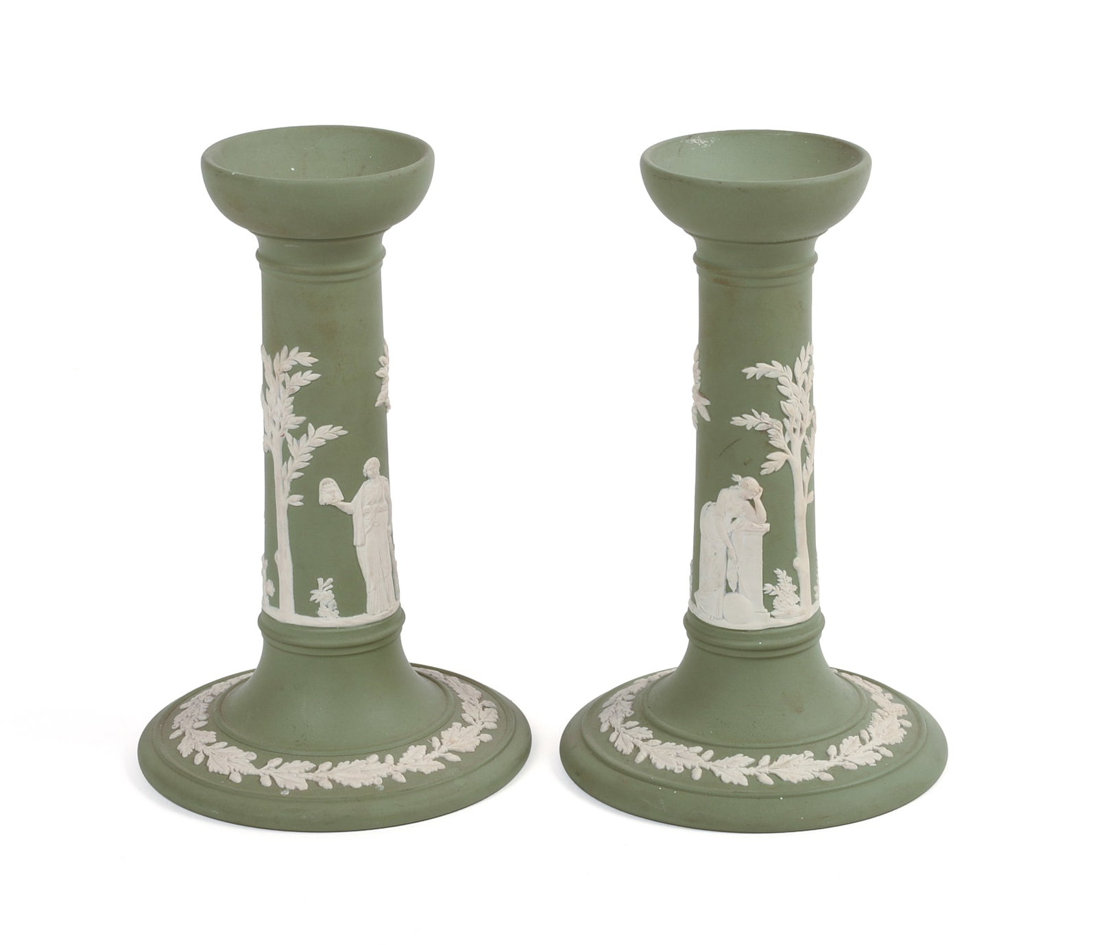 Pair of Wedgwood Green Jasperware Candle Sticks: Height 6.75 inches. Good condition.