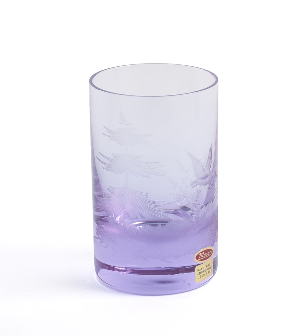 Lavender Moser Glass Etched Glass Tumbler: In box, height 4.5 inches.
