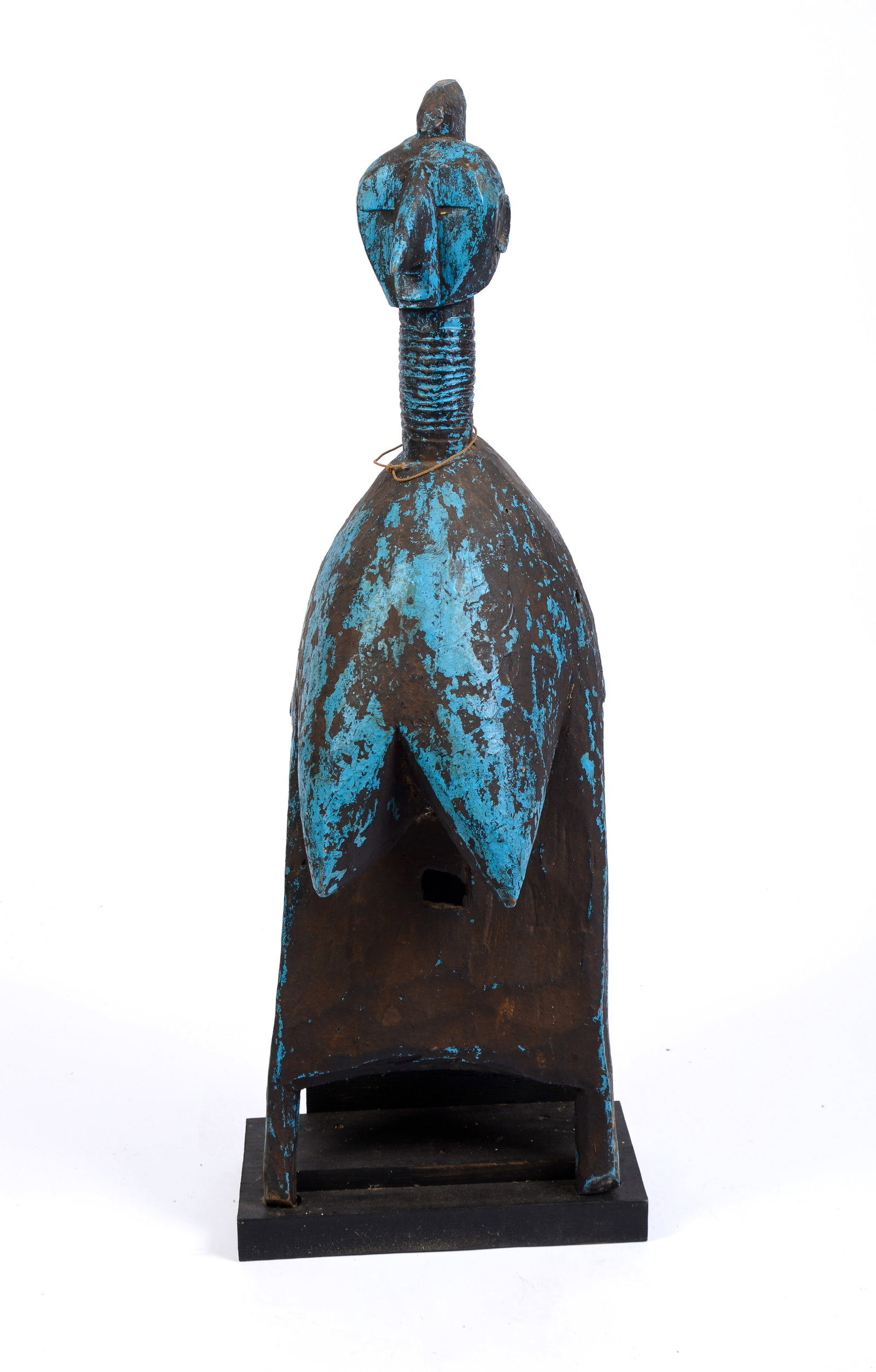 African Carved Figure in Blue Paint.: Height 36 inches. With stand.