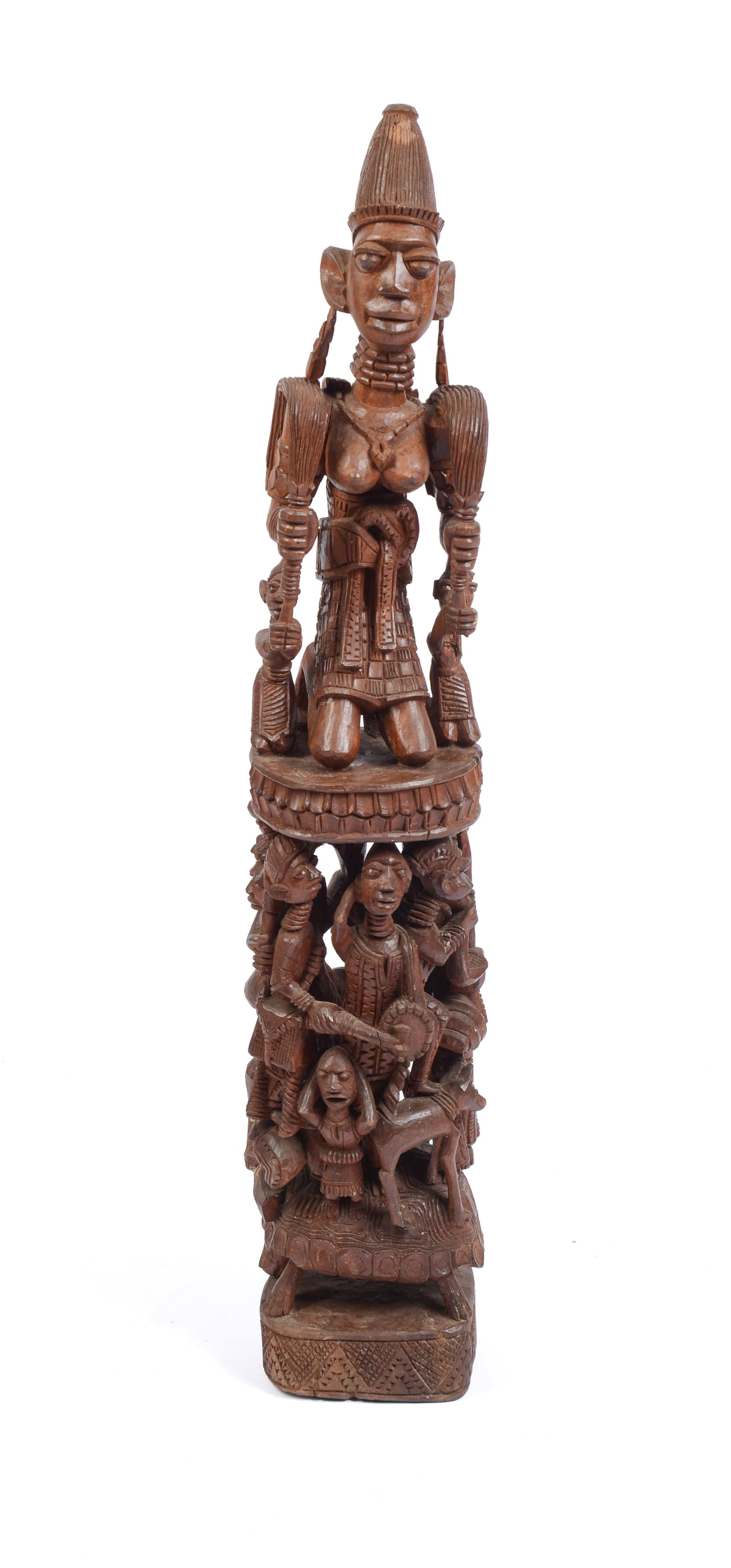 African Carved Wooden Sculpture With Figures.: Height 37 inches. Some losses.