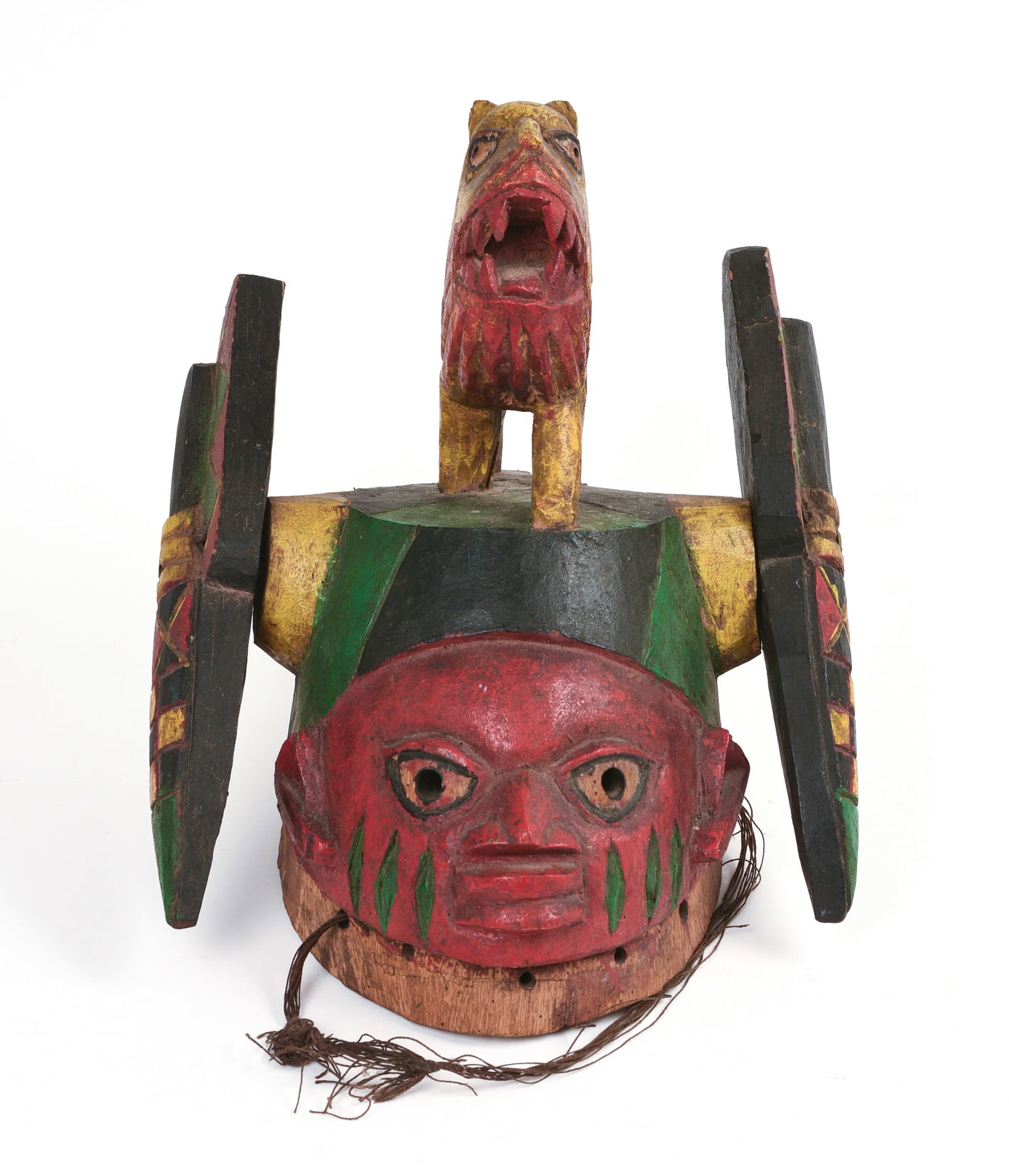 African Carved Mask With Lion.: Height 13 inches, width 10 inches, depth 11 inches.