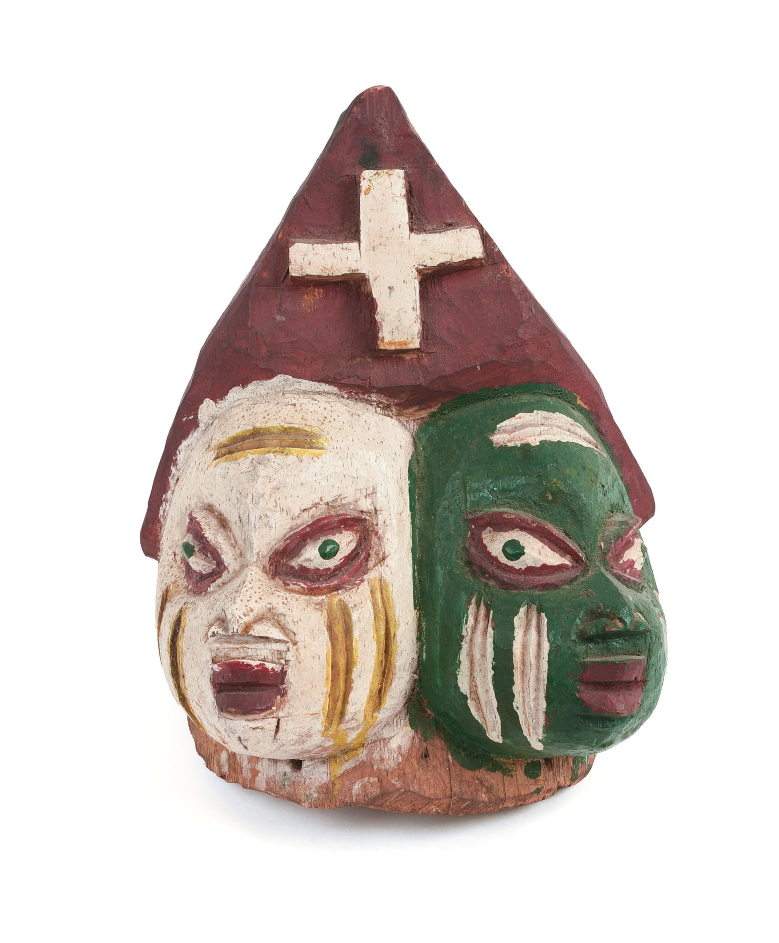 African Carved Mask With Two Faces and Cross: Height 9 inches, depth 11 inches, width 7 inches.