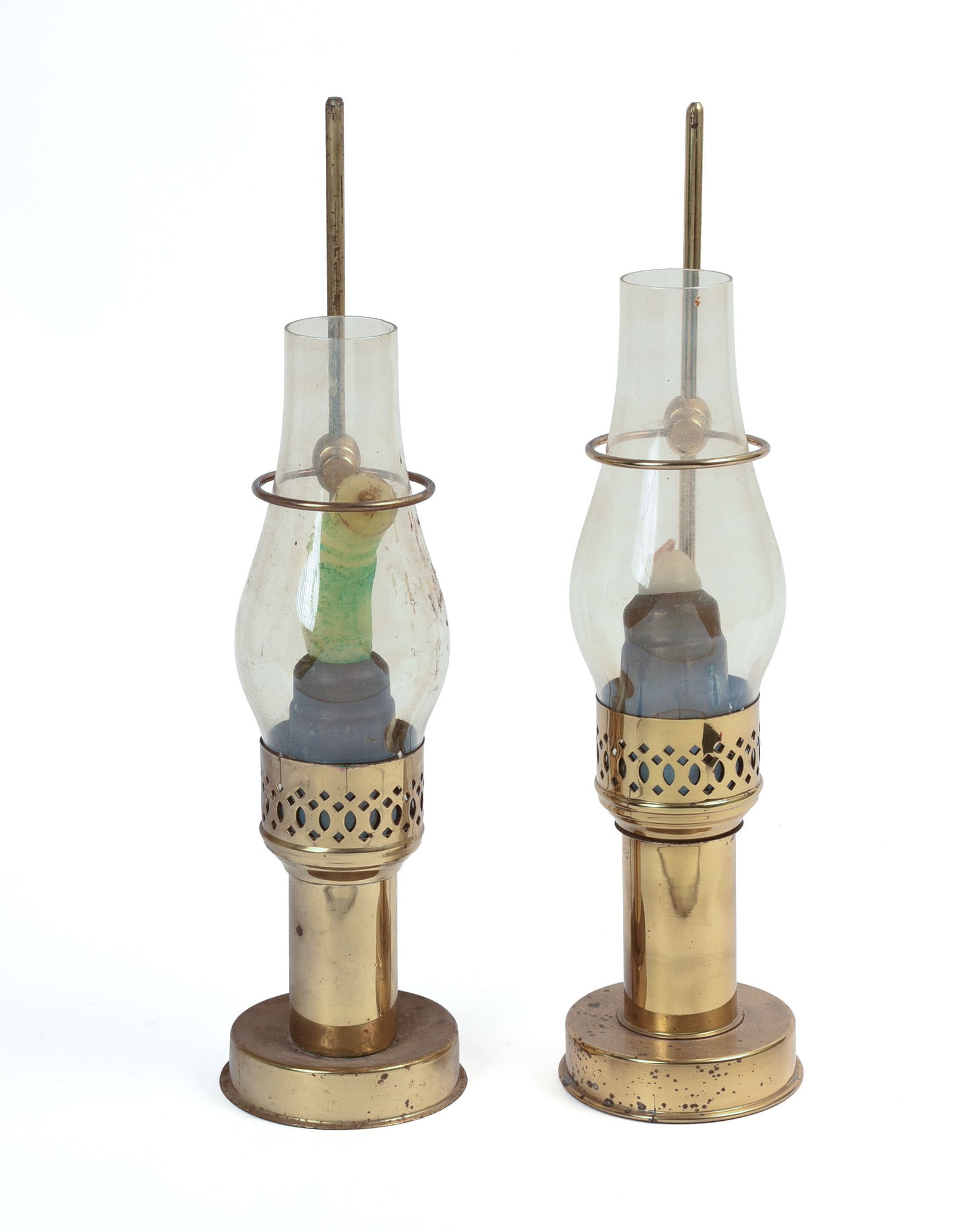 Pair of Brass Candle Holders With Hurricane Shades: Height 14 inches.