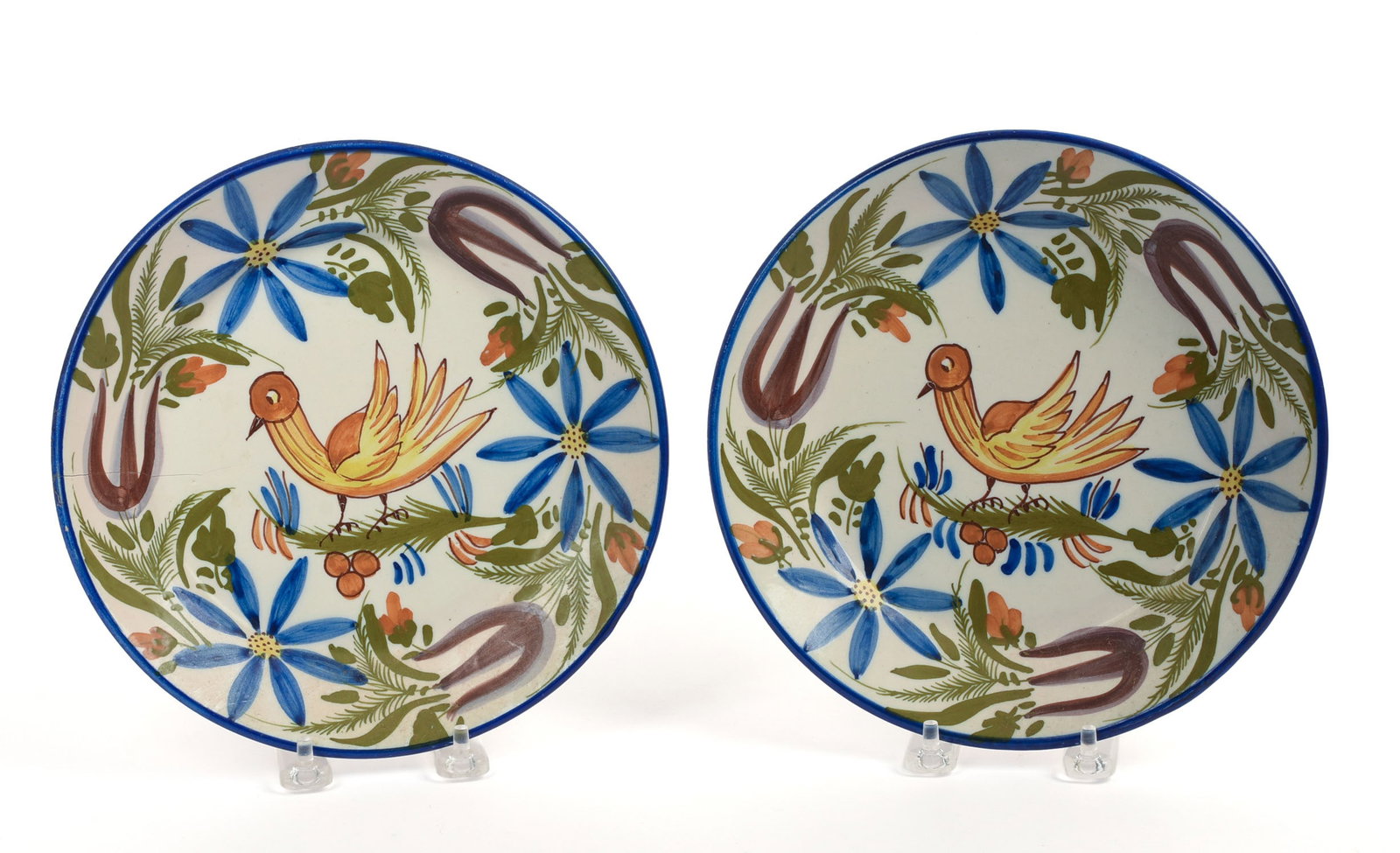 Two Portuguese Porcelain Plates With Birds.: Diameter 8.5 inches. One with hairline crack.