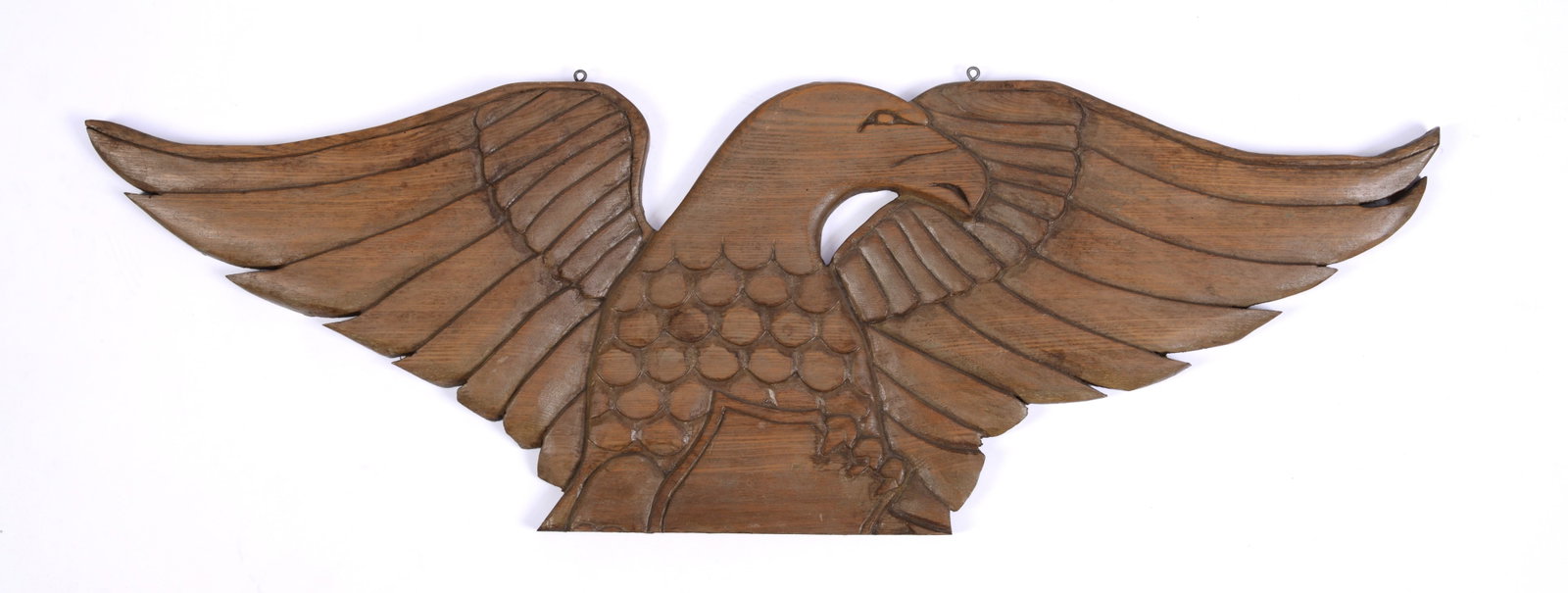 Carved Wooden Eagle by C.M. Ela.: 33 x 11 inches, unsigned.