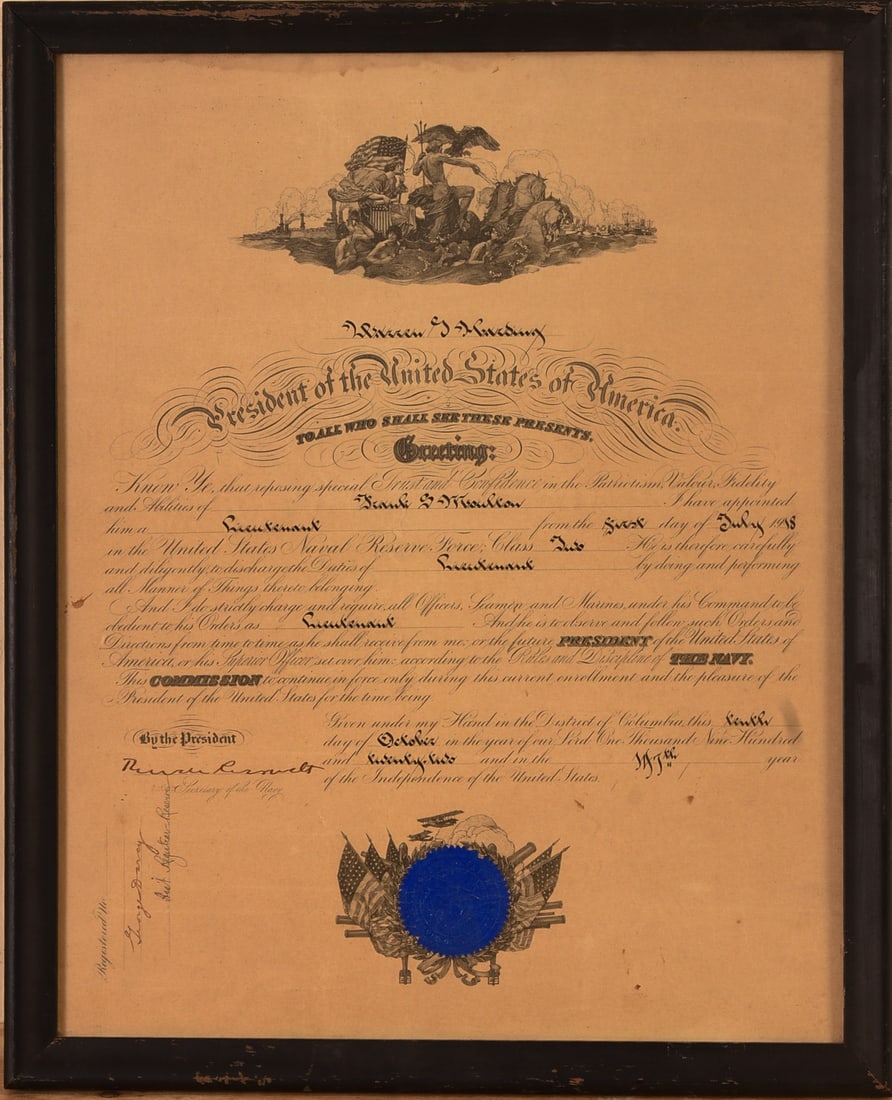 Framed Naval commission signed by Theodore Roosevelt: Framed, 21.5 x 17.5 inches.