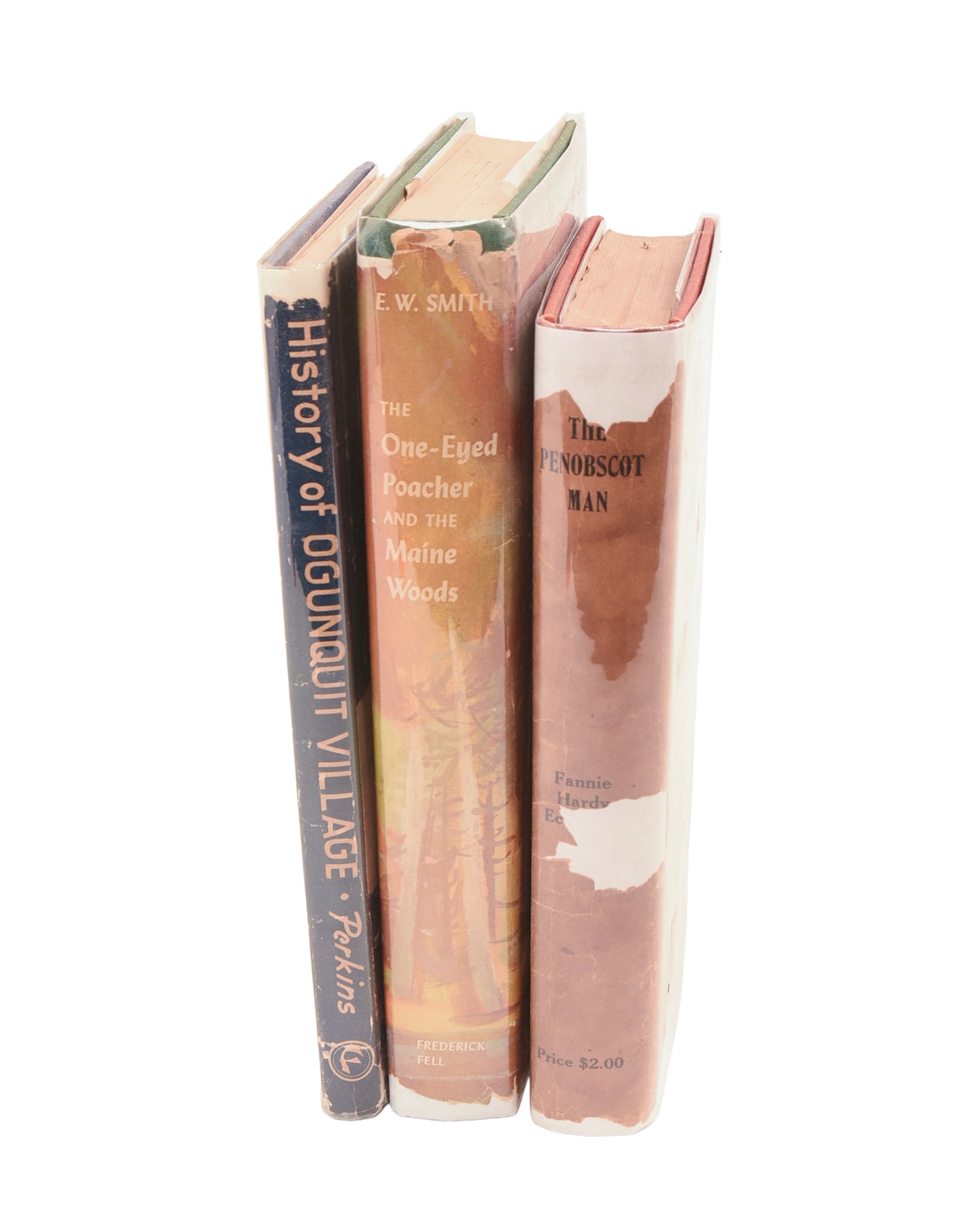Lot of 3 Maine interest books: in hard to come by orig. dust jackets. The Penobscot Man by Fannie Hardy Eckstorm 1924 second edition, The One-Eyed Poacher and the Maine Woods by Edmund Ware Smith 1955 1st edition, History of