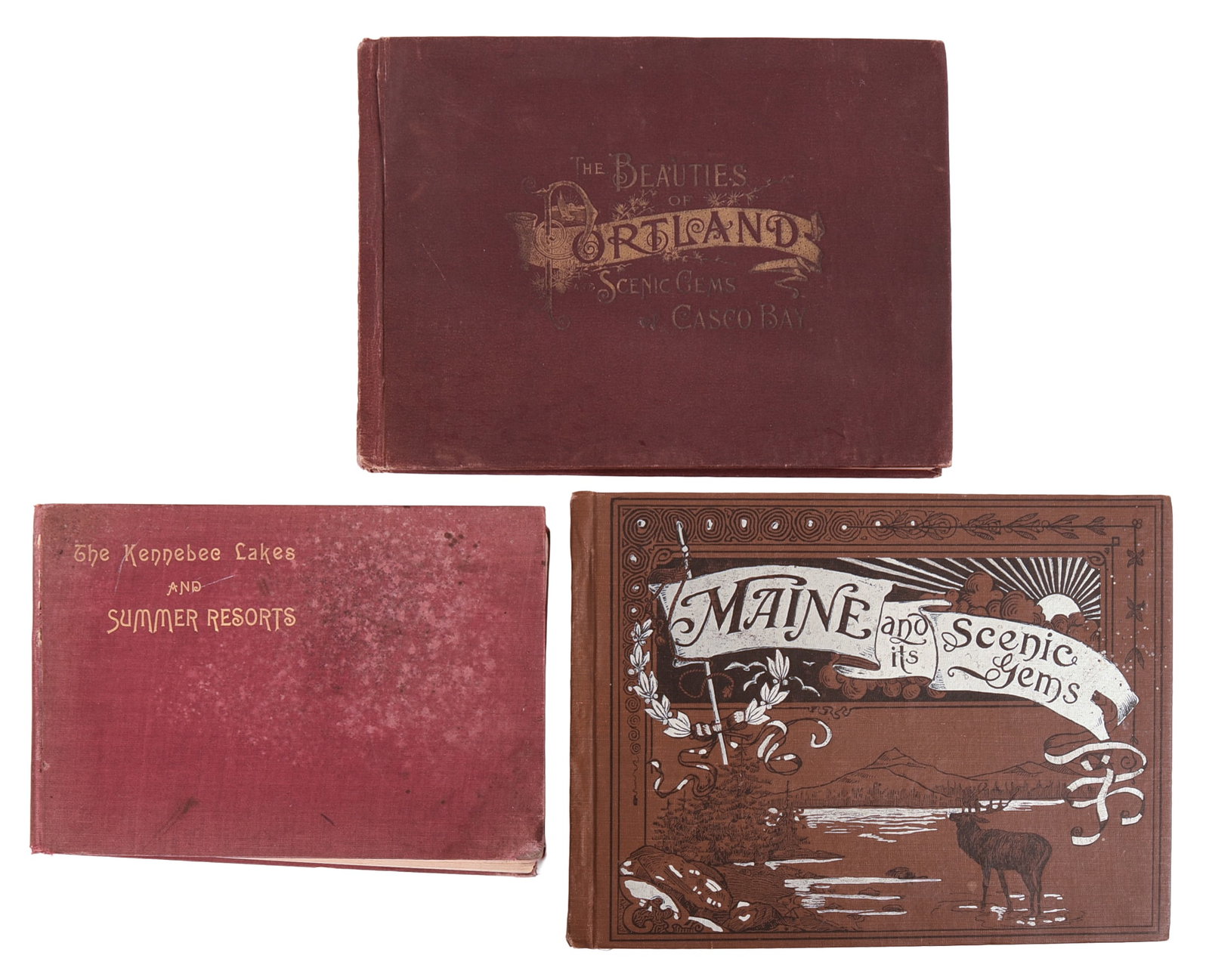 Lot of 3 Scenic Maine Photo Books.: The Kennebec Lakes and Summer Resorts published by Harry Jackson Augusta, Maine ca 1900, The Beauties of Portland and Scenic Gems of Casco Bay published by G.W. Morris Portland, Maine ca 1895, Scenic 