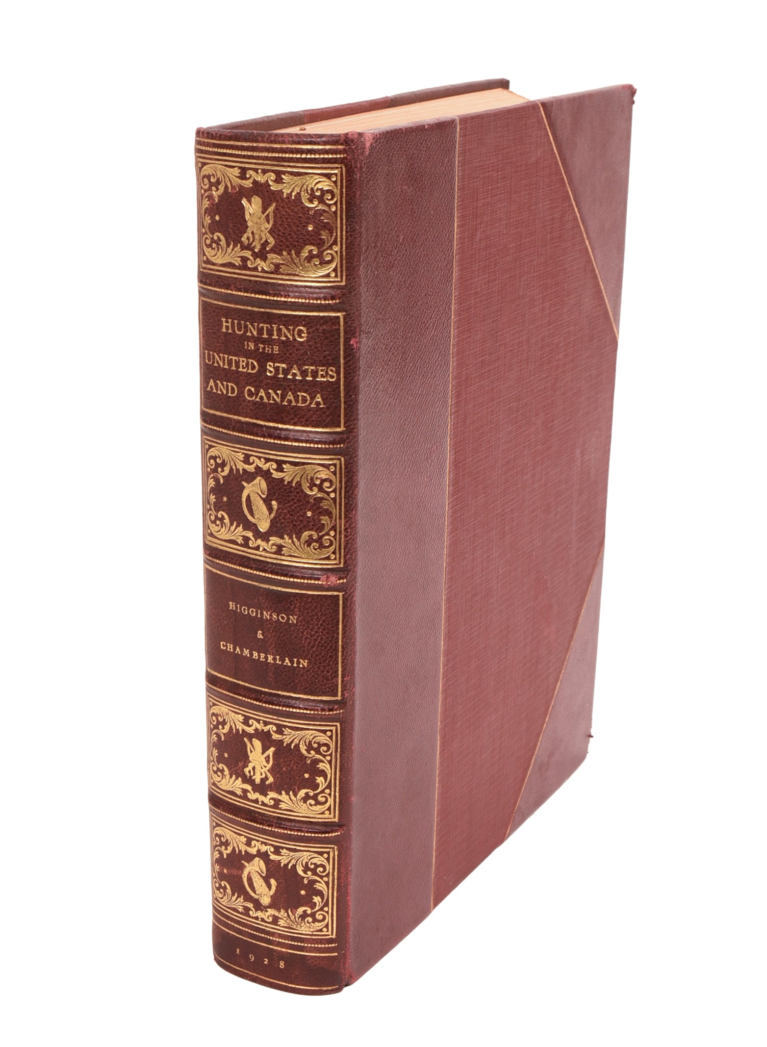 Hunting in the United States and Canada by Higginson & Chamberlain.: 1928 stated first edition in Rare maroon leather binding.