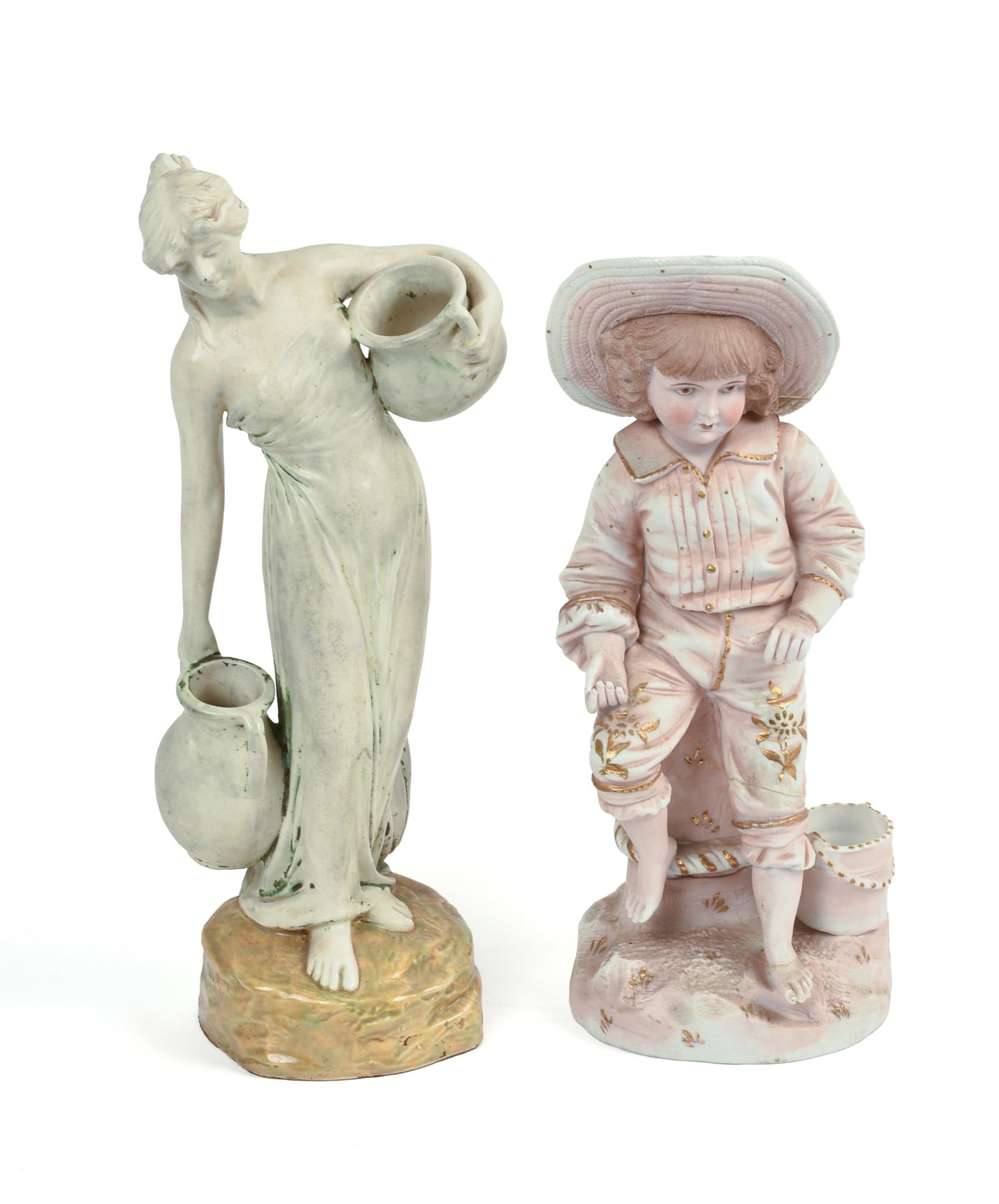 Pair of European Porcelain Figures.: Woman with urn, height 13.5 inches, and a boy.