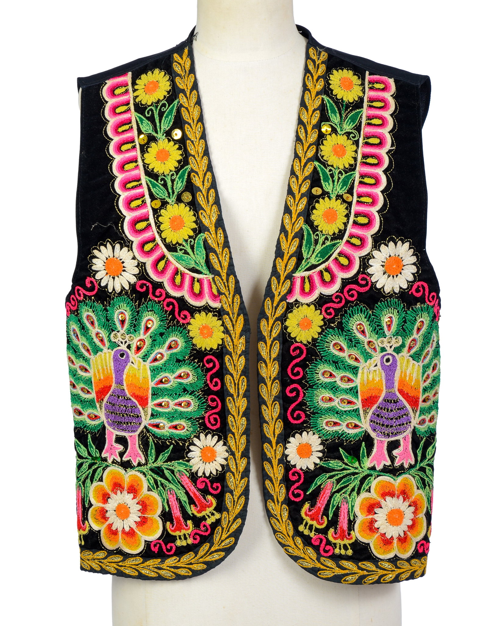 Embroidered Vest With Peacocks.: Width across shoulders 15 inches, length 24 inches.