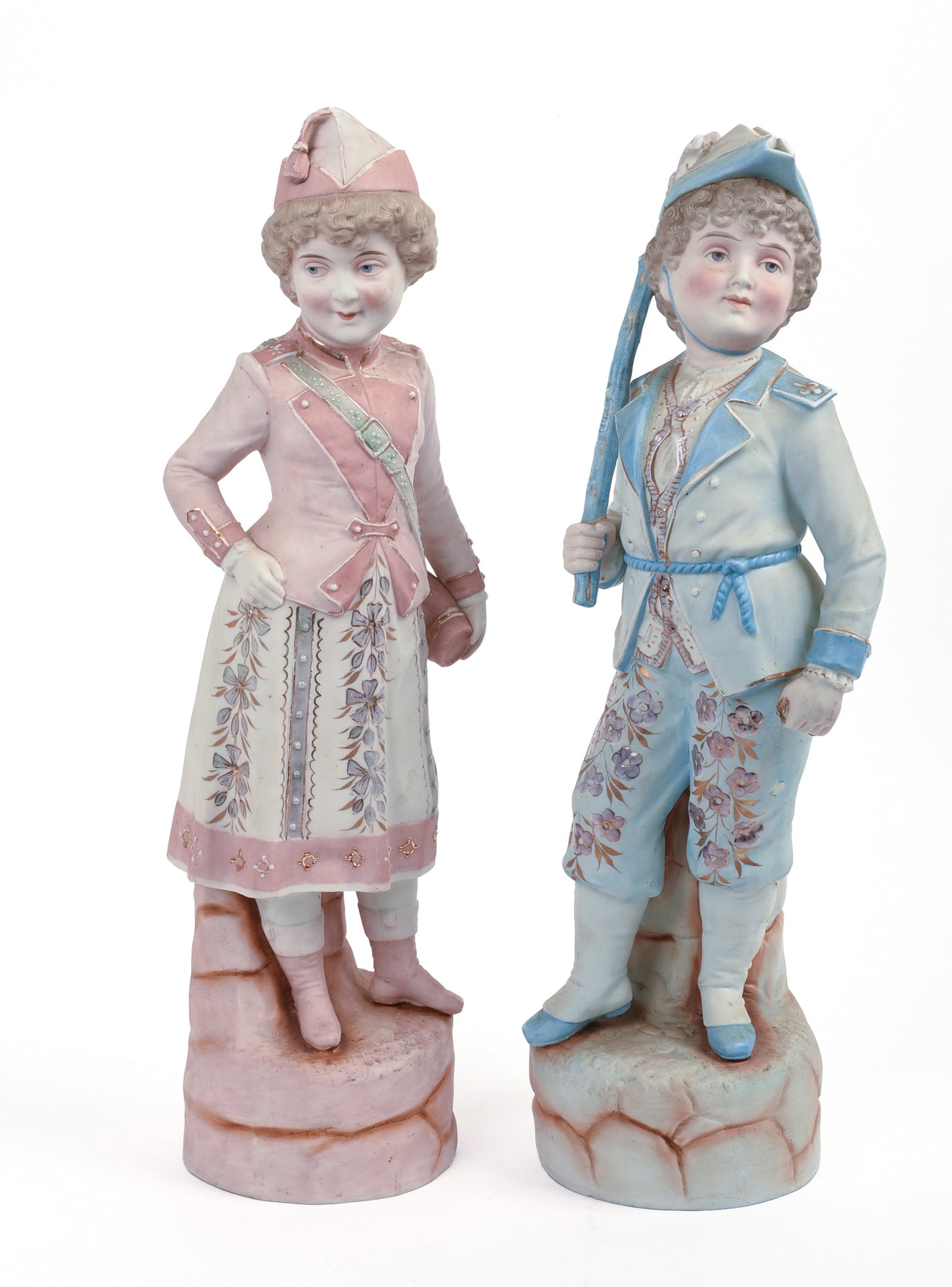 Pair of European Bisuqe Figures.: Heights 18.5 inches. Good condition.