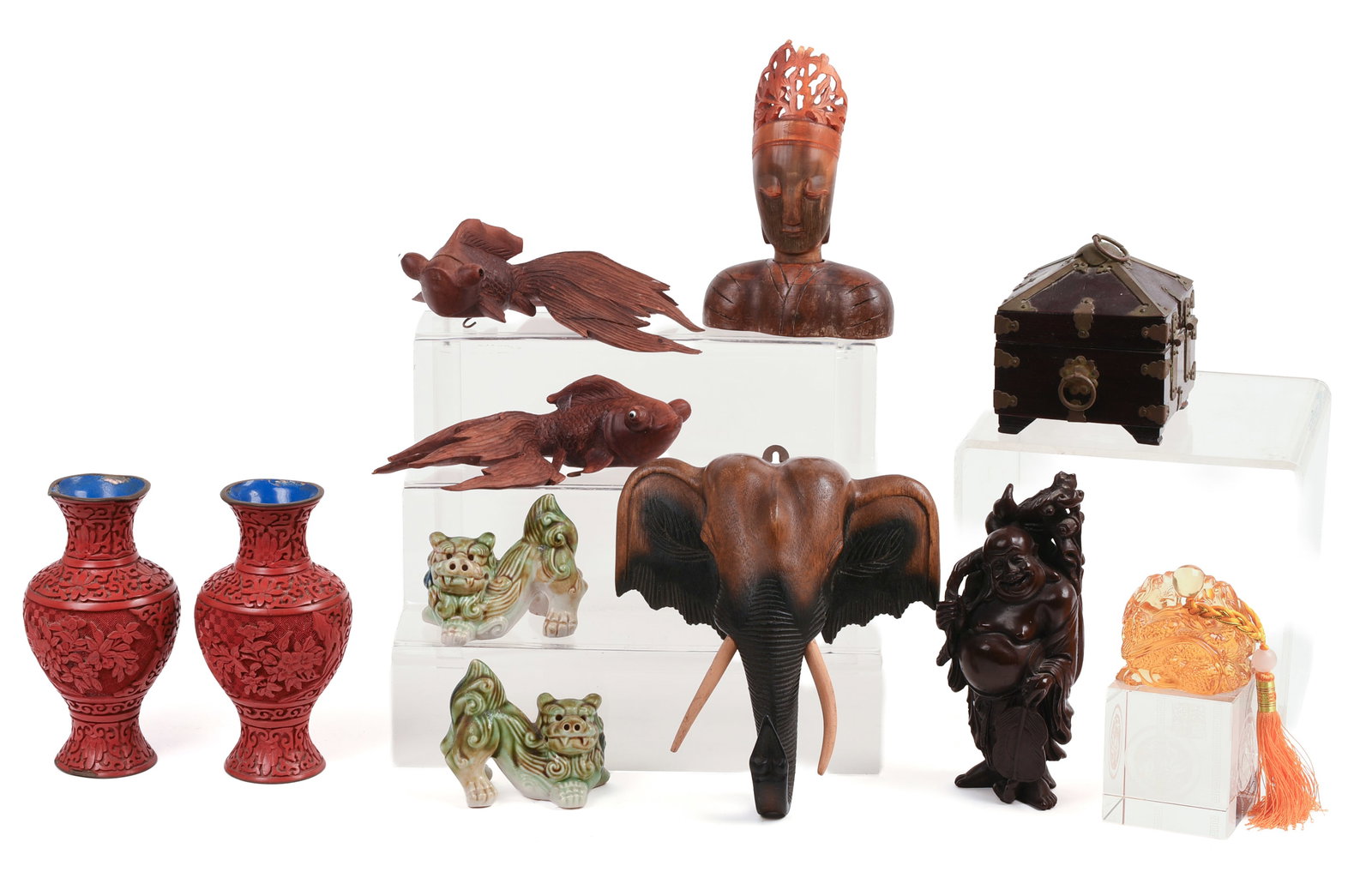 Group of Asian Decorative Objects.: Pair of wooden Koi, length 8 inches, foo dogs, pair of cinnabar vases(one damaged), and others.