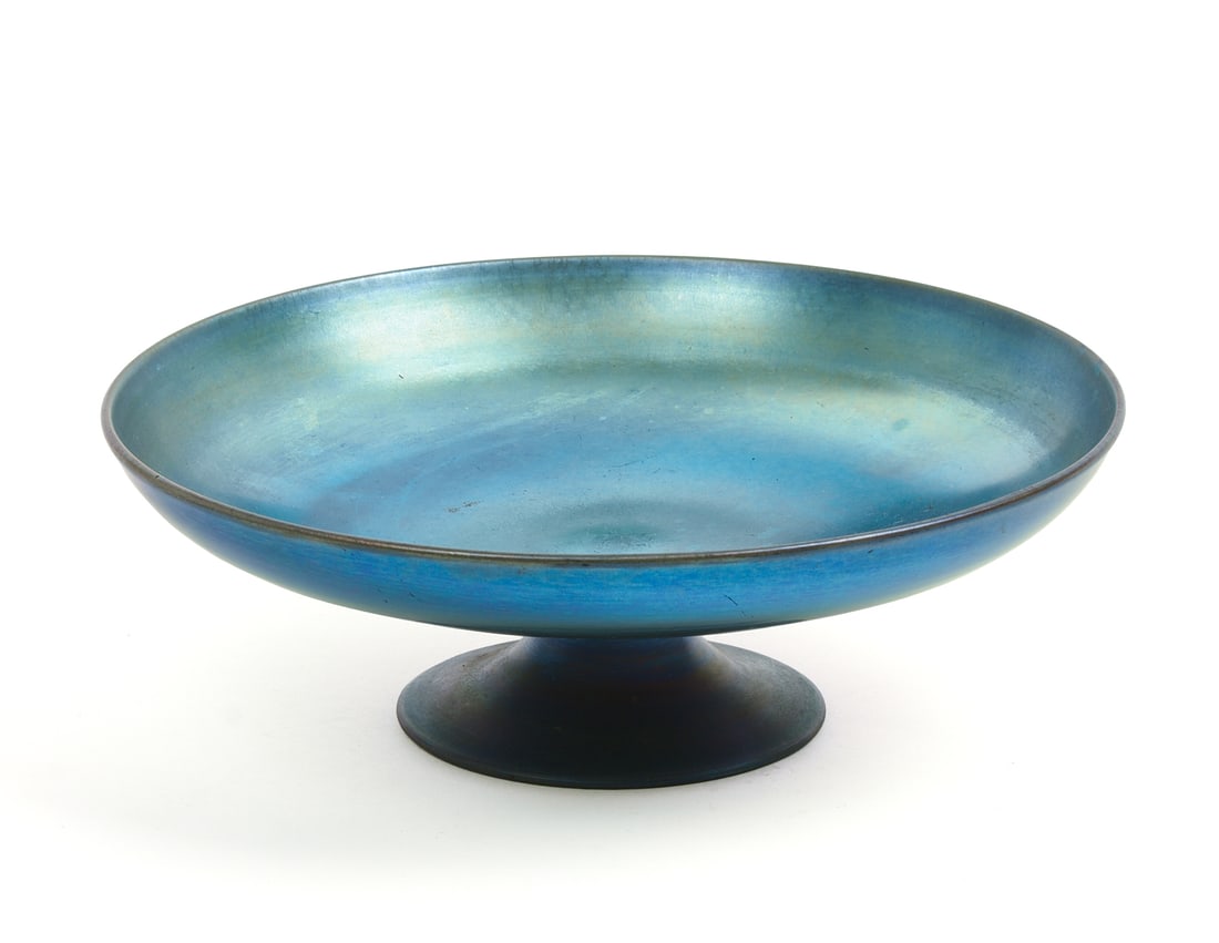 Steuben Blue Aurene Footed Compote.: Height 3.5 inches, diameter 10 inches, good condition.