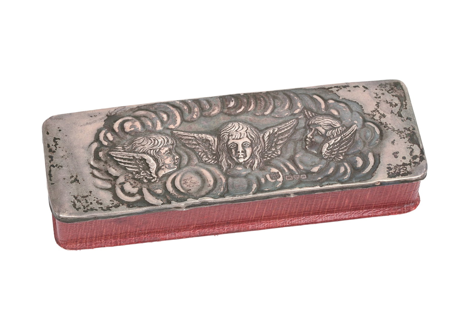 W J Myatt & Co. Silver Topped Box With Angels.: 6 x 2 x 1 inches.