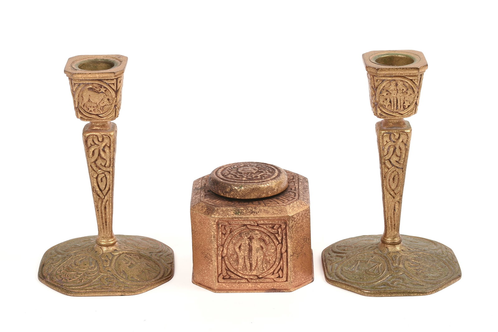 Pair of Tiffany & Co Candlesticks and an Inkwell.: Height of candlesticks 5.5 inches.