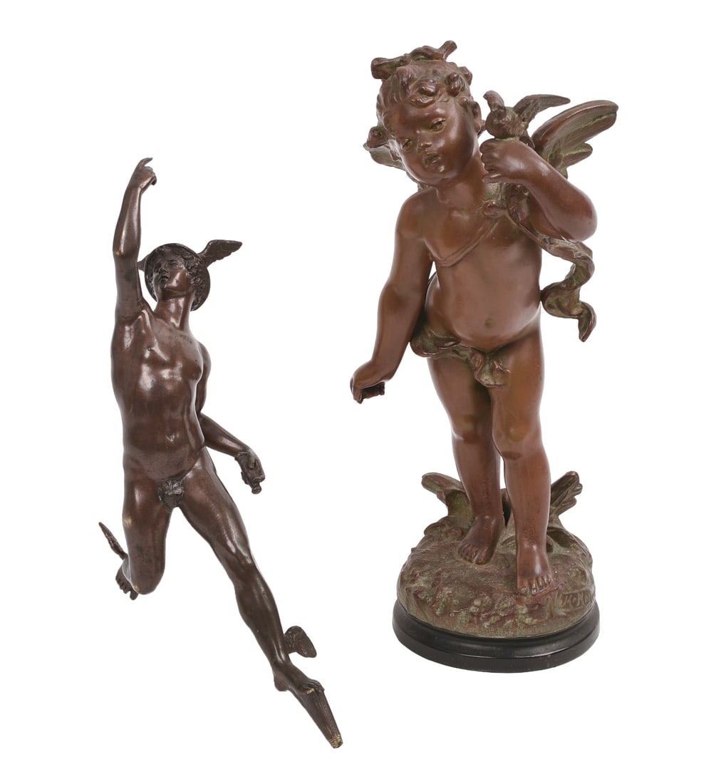 Two Bronze Sculptures.: Cherub with bird, height 11 inches, and Hermes, height 10 inches.