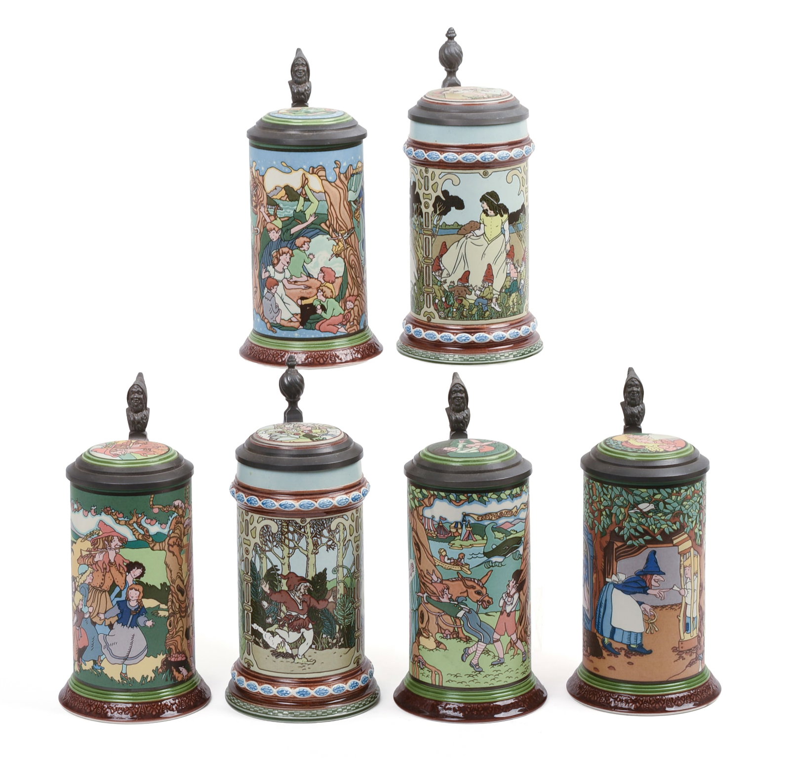 Six Tales of the Brothers Grimm Mettlach Steins.: Height 7.5 to 8 inches, limited edition run of 10,000.