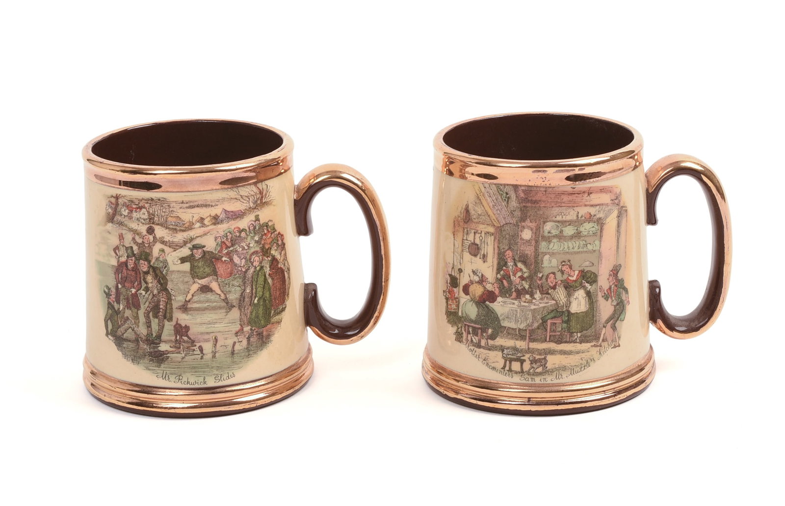 Pair of Gibson's Staffordshire Mugs.: With lithograph scenes, height 4.25 inches.