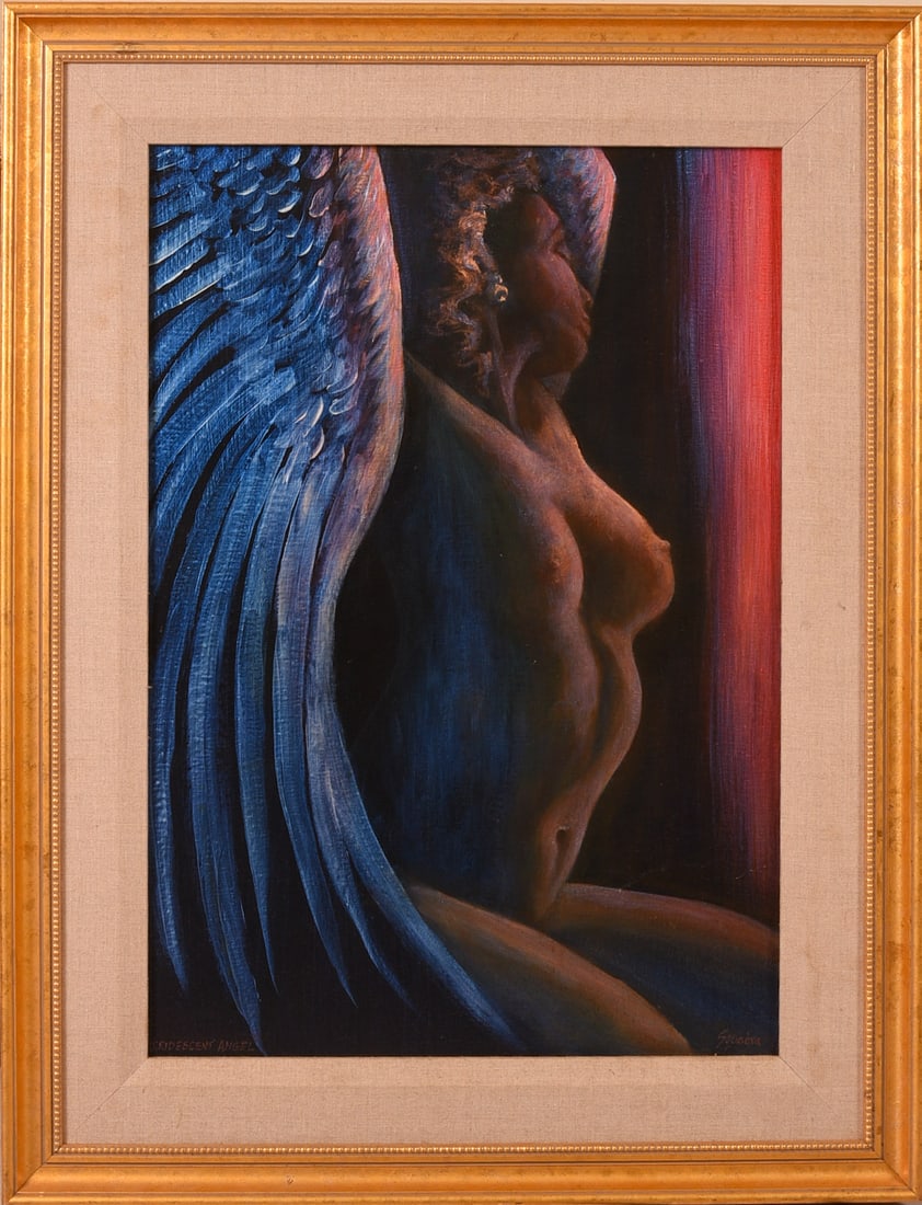 John Squadra (b. 1932). Iridescent Angel.: Oil on canvas over board, signed. Sight 31.5 x 22 inches. Framed 41 x 31.5 inches.