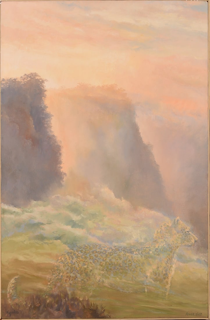 John Squadra (b.1932). River God.: Oil on canvas, signed. Sight 52.37 x 34.25 inches. Framed 53 x 34.75 inches.